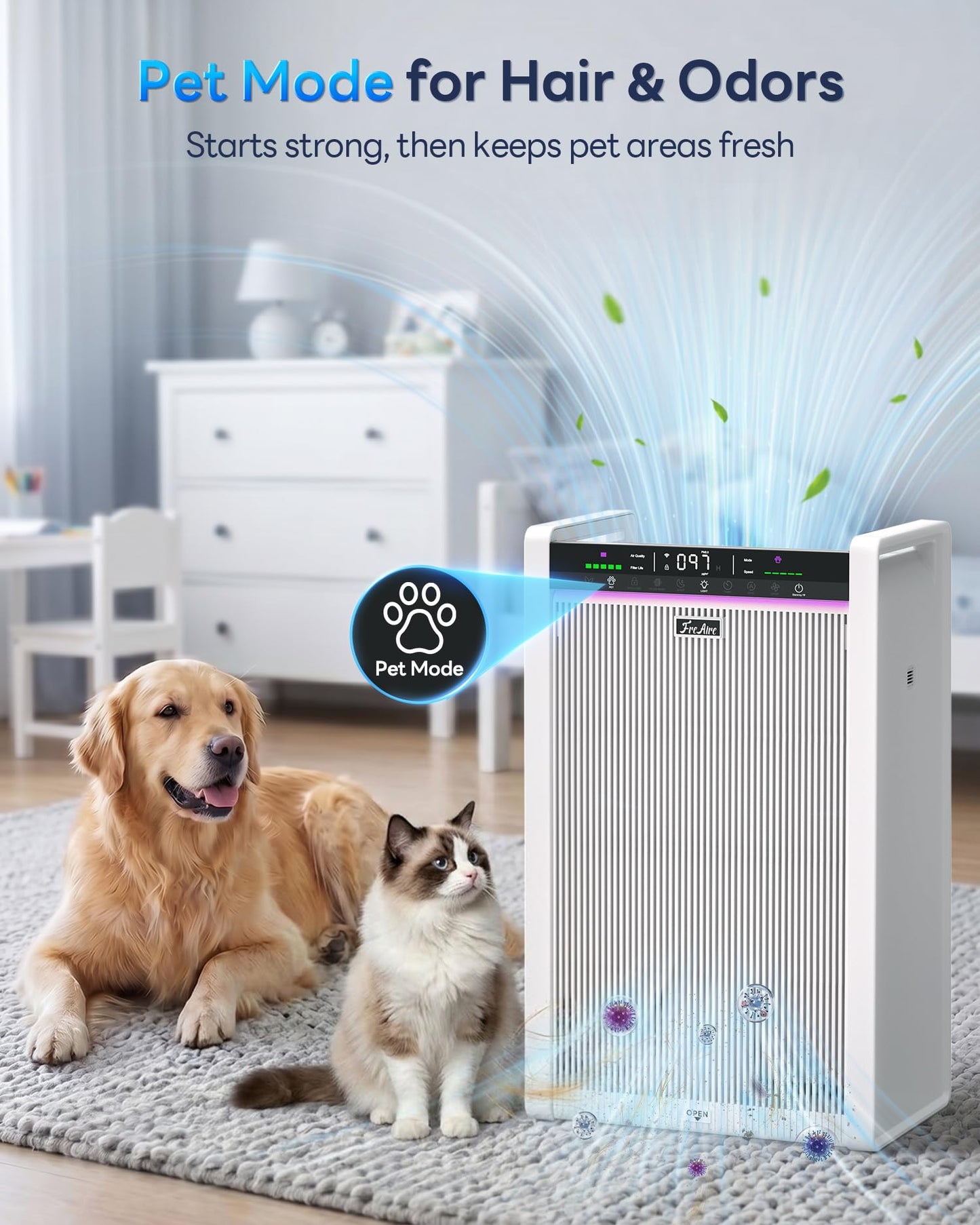 FreAire Air Purifiers for Home Large Room up to 3,850 Ft², HEPA Air Purifier with Smart APP Control & Washable Filter, Large Real-Time PM2.5 Display, Auto Pet ECO Modes for PoIIen Pet Dander Smoke