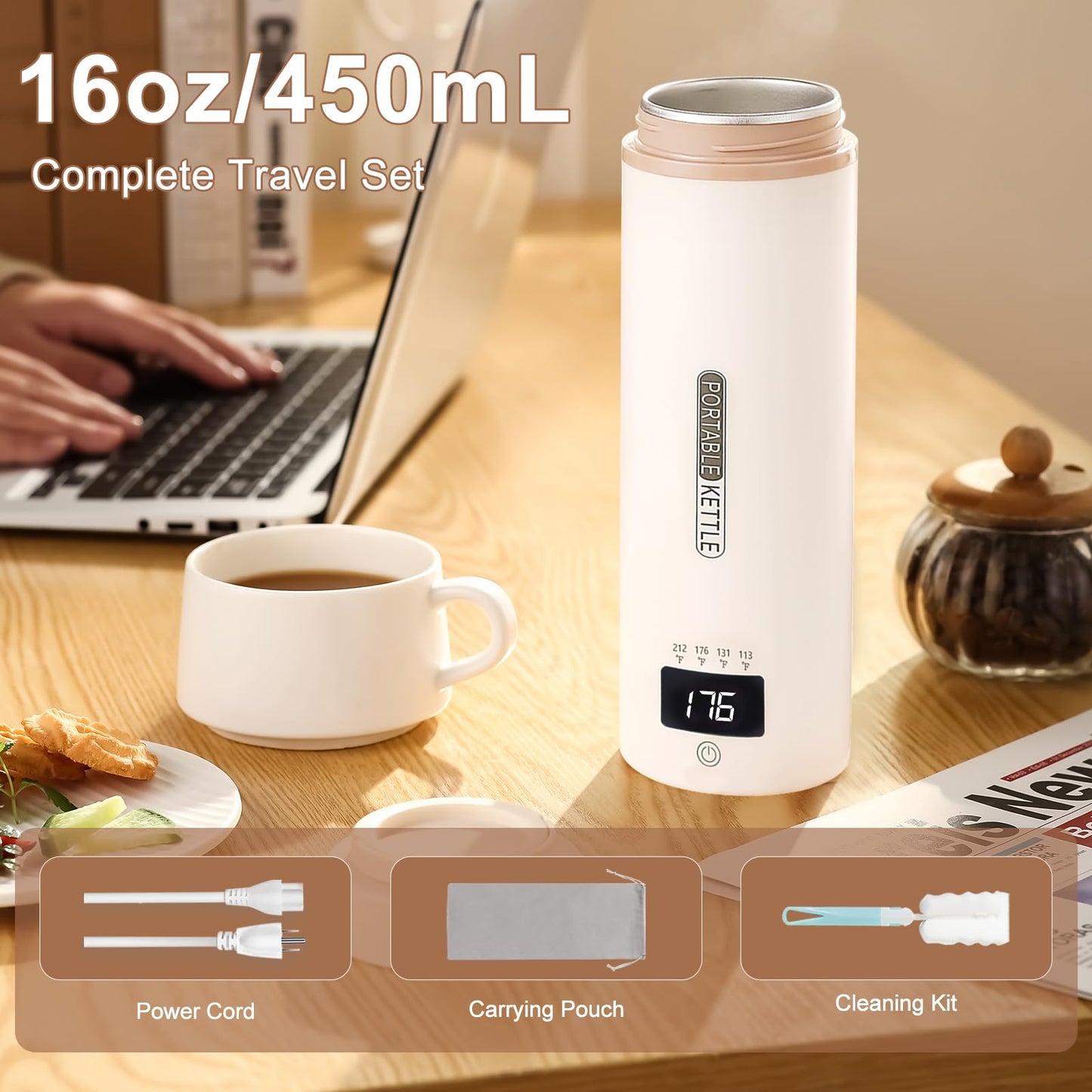 Portable Travel Electric Kettle | 4 Adjustable Temperature | Small Compact Water Boiler for Tea, Coffee | 304 Stainless Steel | Automatic Shut-off | 16oz