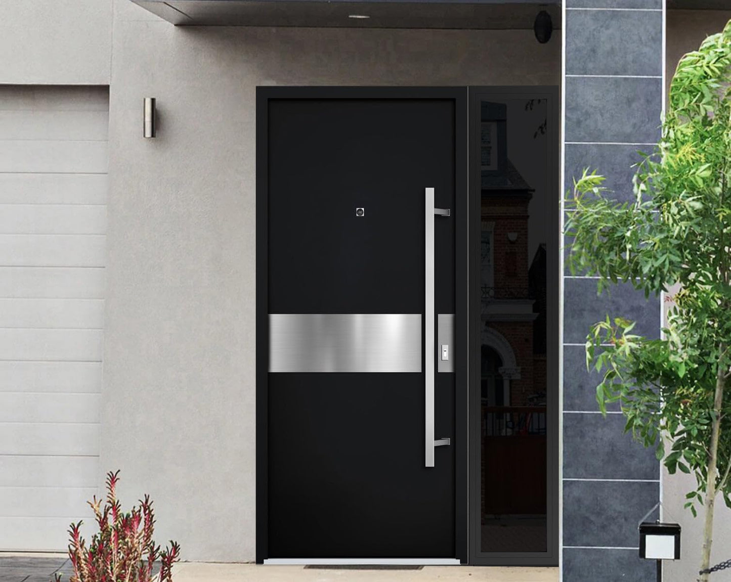 VDOMDOORS Front Exterior Prehung Steel Door/Deux 6072 Black Enamel/Side Exterior Window Sidelite/Entry Metal Modern Painted W36+16" x H80 Left Hand Inswing
