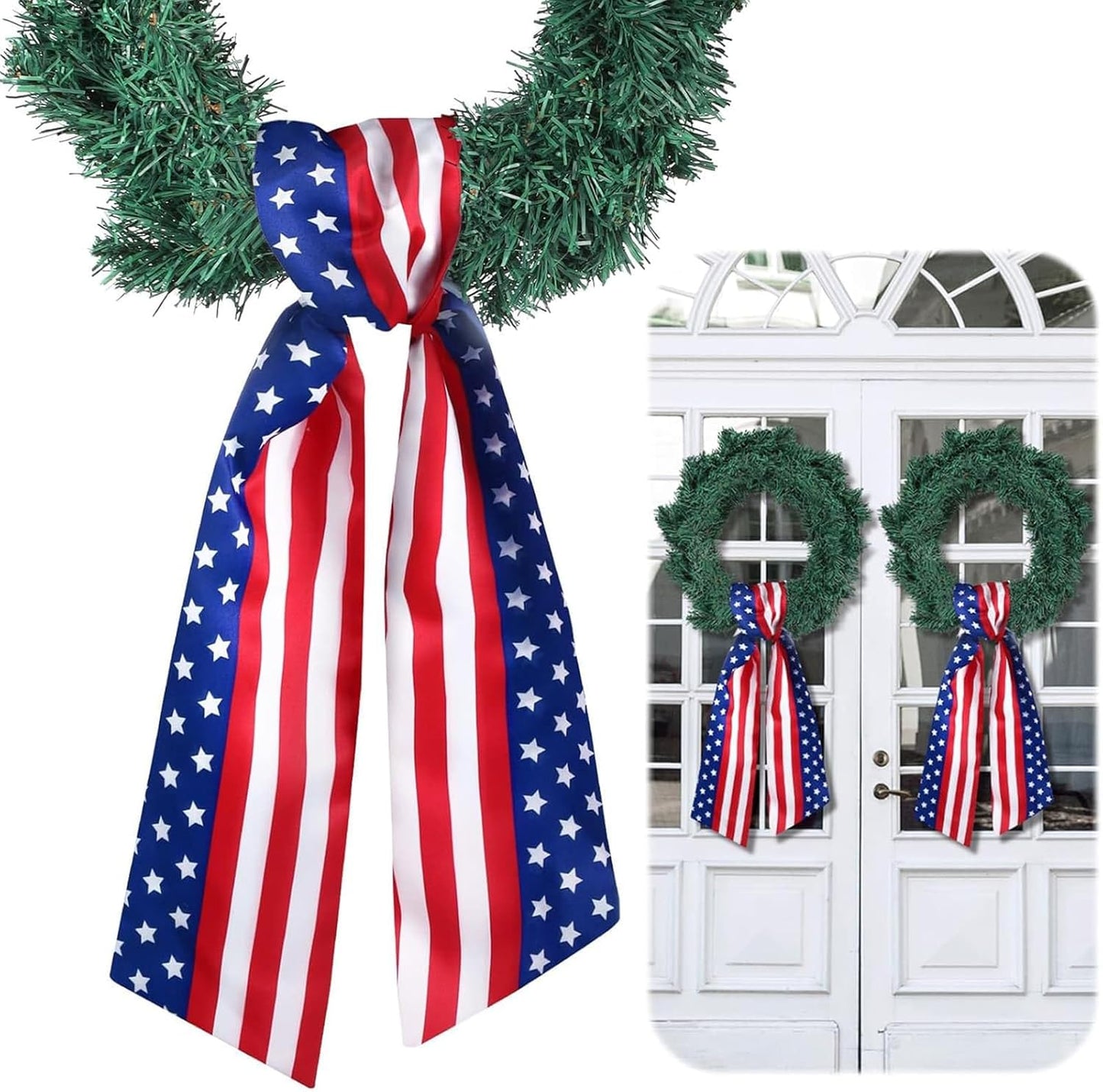 YKW Patriotic Wreath Sash - American Flag Fine Linen Ribbon, 5" W x 55" L | 4th of July Decor
