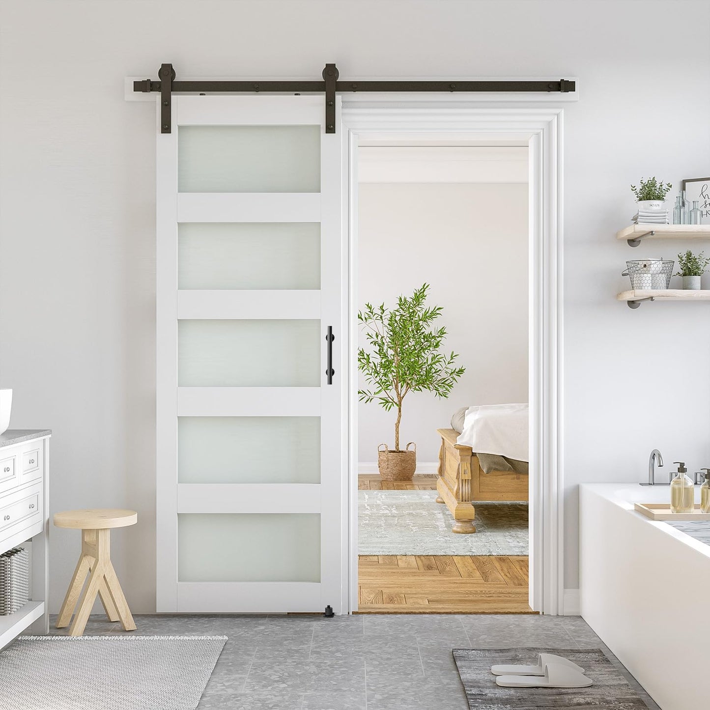 SmartStandard 30 x 96 in Glass Barn Door with 5FT Sliding Hardware Kit & Handle, Pre-Drilled Ready to Assemble, Waterproof PVC Coating, White, 5-Panel Glass