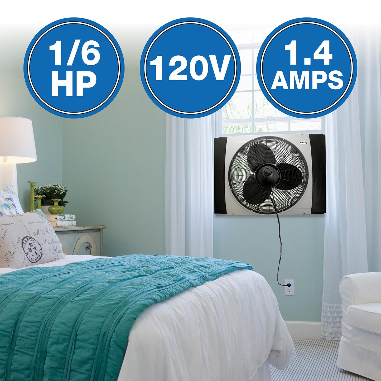 Air King 20" 1/6 HP Whole House Window Fan with 3-Speeds and Storm Guards for Circulation and Exhausting Air, 9166, Black