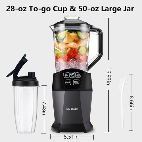 Liebe&Lecker Smoothie Blender - 1200W Smart Technology Blender for Frozen Fruit | 28oz To-Go Cup & 50oz Jar