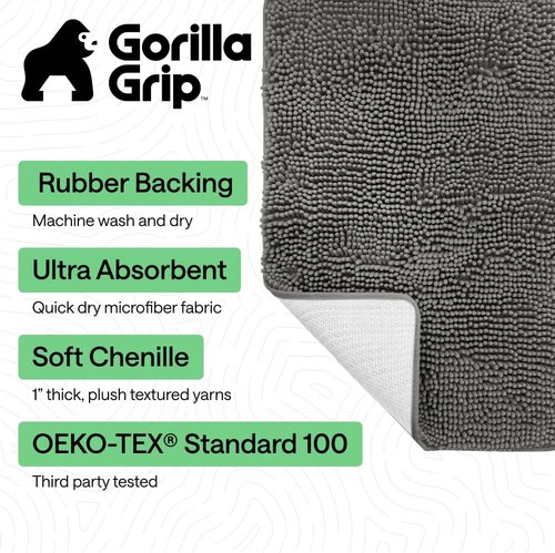 GORILLA GRIP Bath Rug Mat - Soft Absorbent Chenille | Quick-Dry Microfiber, 60x17, Charcoal