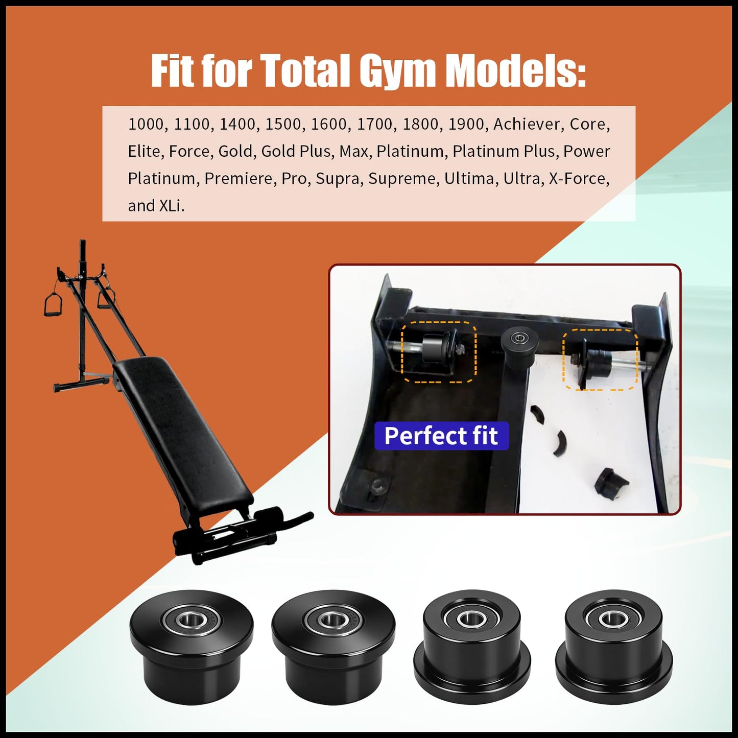 Qty.4 Machined Wheels/Rollers Compatible Total Gym Replacement, Fits Models 1000,1100,1400,1500,1600,1700,1800,1900,Achiever,Force,Gold,Max,Platinum,Platinum Plus,Pro,Supra,Supreme,Ultima,Ultra,XLI