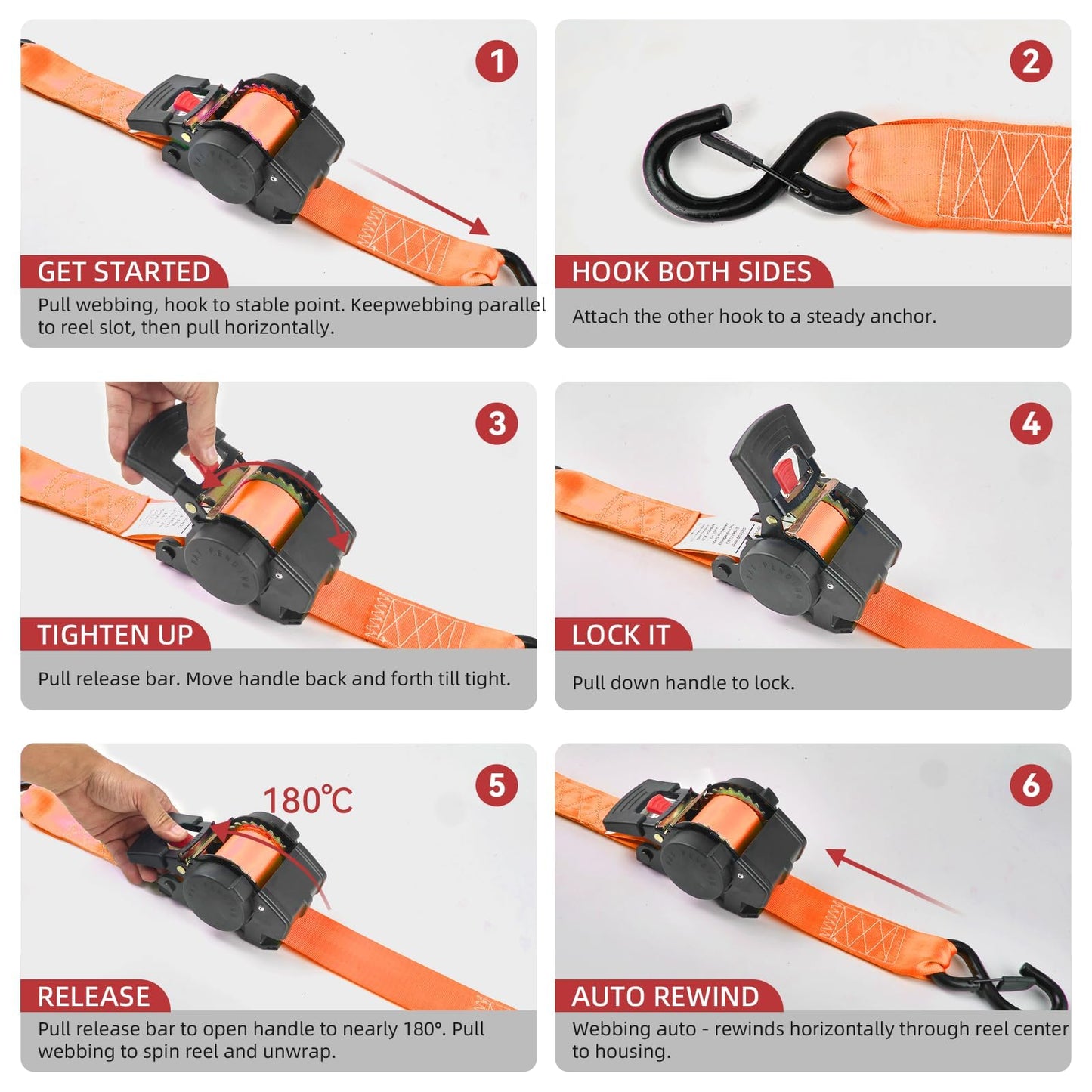 Auto Retractable Ratchet Straps 1800 lbs, 1in × 10ft Self-Retracting Tie Down Straps with Zinc S-Hooks, Heavy Duty Cargo Tie Downs for Trucks, Trailers & Roof Racks, 2 Pack, Orange, Damped Rewind