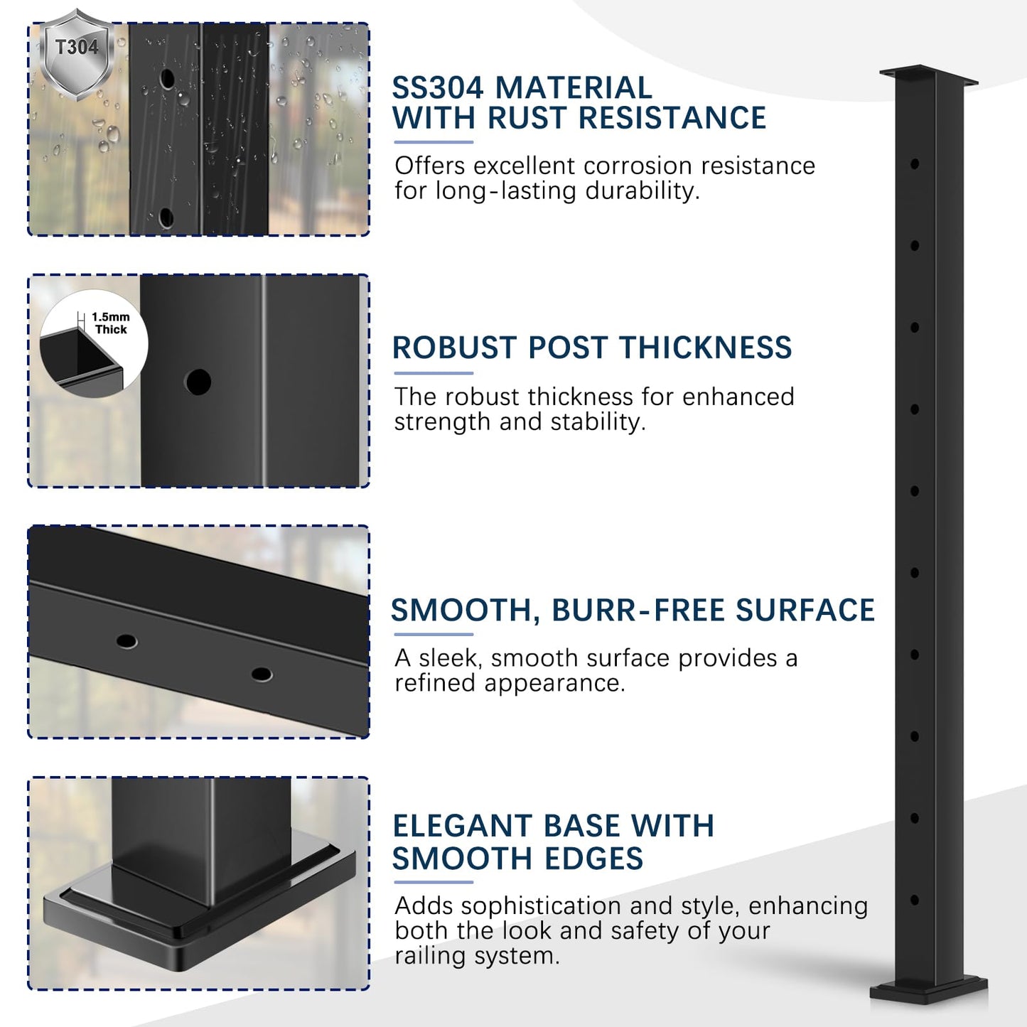 Gyykzz 36" Black Cable Railing Post, Fixed Top Level Drilled Line Post with Cable Grommets, Surface Mount T304 Stainless Steel Wire Railing Handrail Post for Indoor Outdoor Deck Cable Railing System