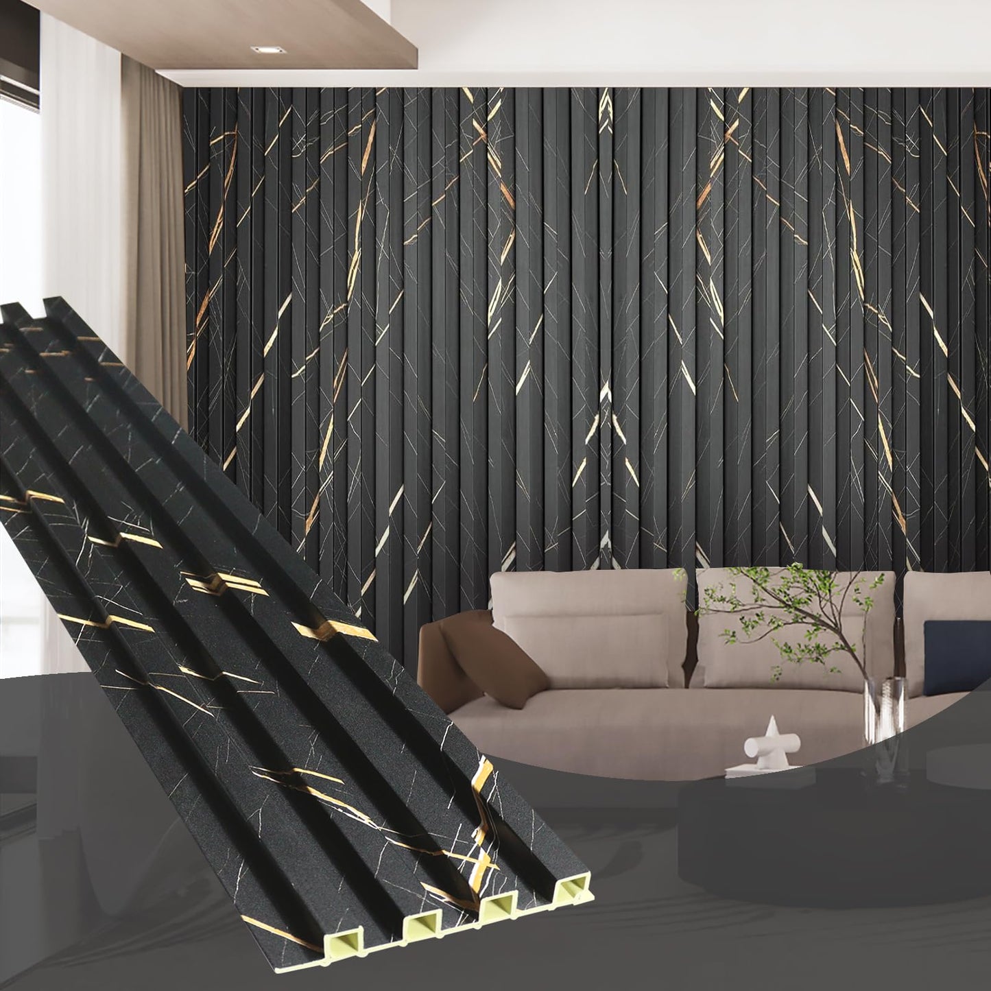 OUZUGIE WPC Acoustic Slat Wall Paneling, 8-Pack 96 x 6 Inches 3D Wall Panels for Interior Wall Decor,Living Room,TV Background,Study Room,Office Spaces,Bedroom,High Grille (Black Marble)