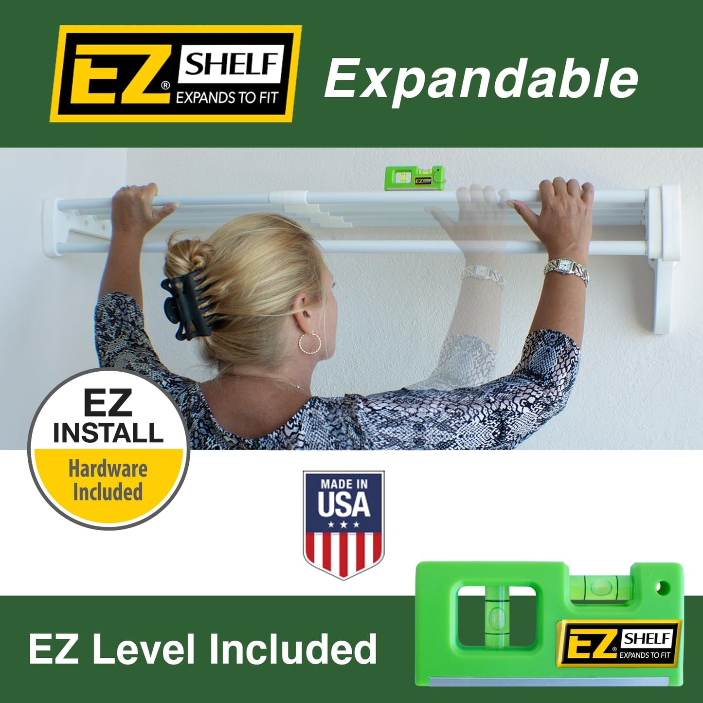 EZ SHELF - Closet Shelf with Hanging Rod - 29" to 49” Expandable, White, Closet Shelves - Strong, Holds 200 lbs - Easy Install - 1 Side Wall & Backwall with 1 End Bracket, Alternative to Wire Shelving