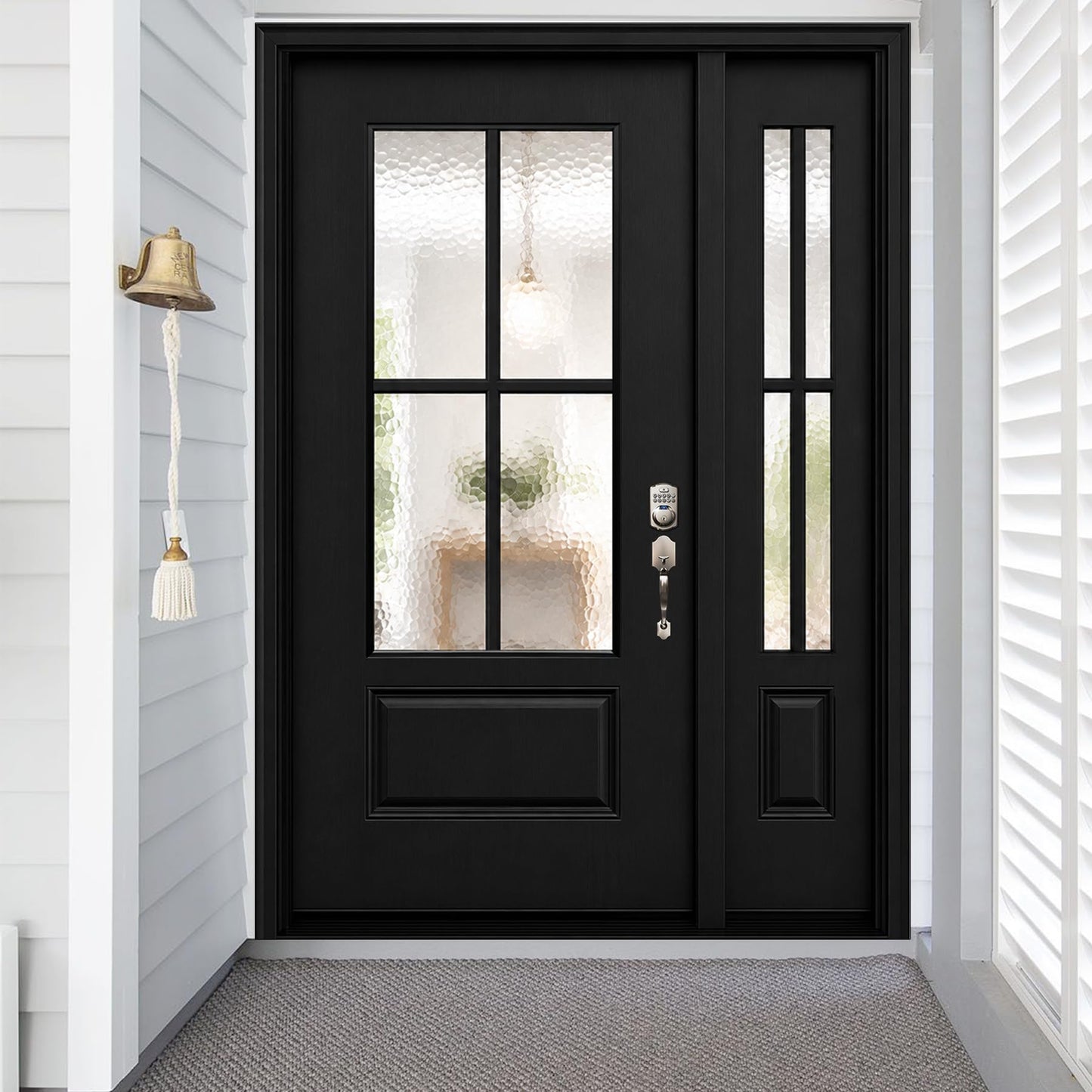 53x80in Fiberglass Front Door with 14in Sidelight, Black Exterior Entry Door for Home, Left-Hand Inswing, Textured Finished with Hammered Glass Knock-Down Door, Vinyl Frame and Brickmould Included