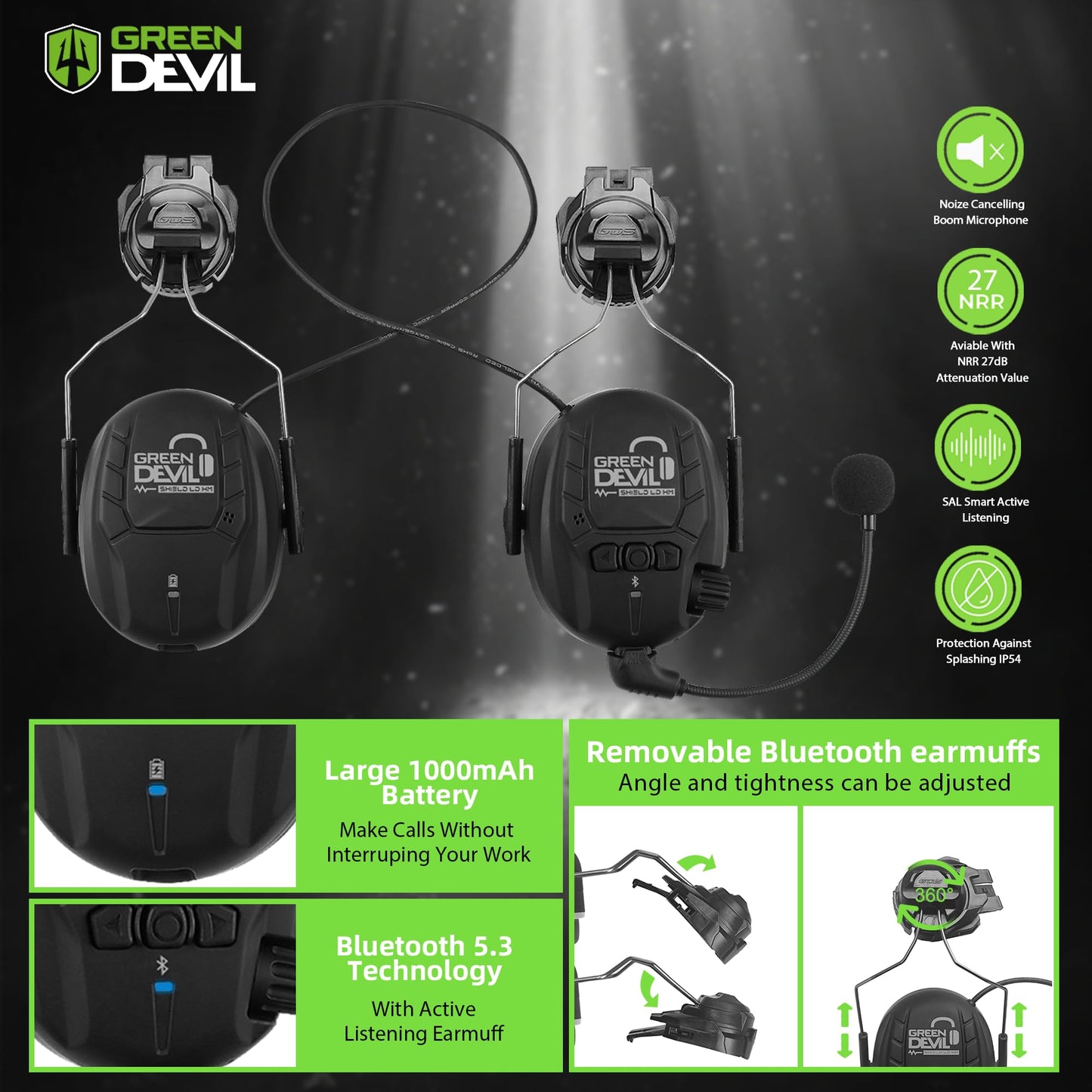 GREEN DEVIL Hard Hat with Bluetooth Ear Muffs and Visor Vented Work Safety Helmet for Men Women ANSI Z89.1 Approved Hardhat Cascos de Construccion Ideal for Industrial & Construction