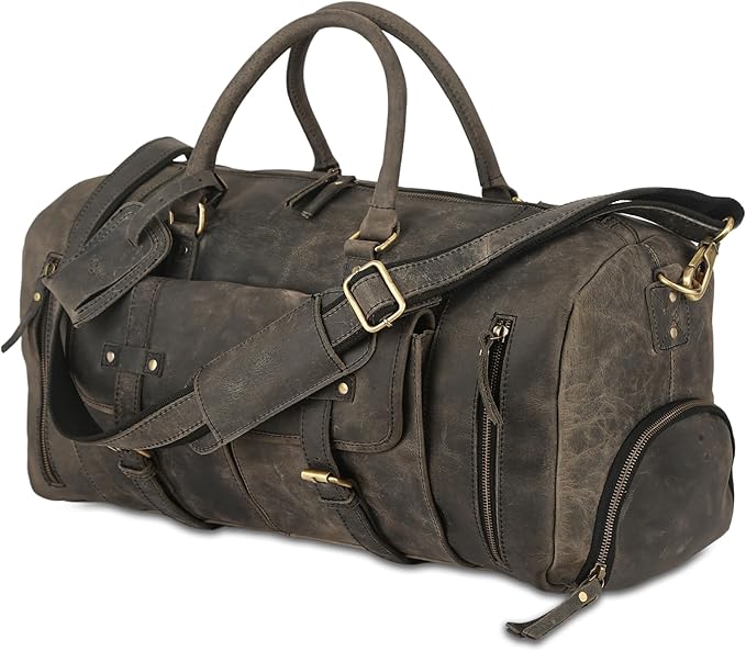 KomalC 24 Inch Leather Duffel Bags for Men and Women Full Grain Leather Travel Overnight Weekend Leather Bags Sports Gym Duffle for Men (Charcoal Black With Shoe Pocket)