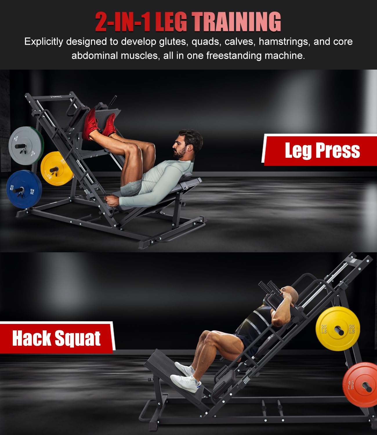 83" D x 43" W 45-Degree Ultimate Leg Press & Hack Squat Machine, Liner Bearing, Adjustable Angles, Band Pegs & Safety Locks – Lower Body Strength Training Equipment for Home & Garage Gym