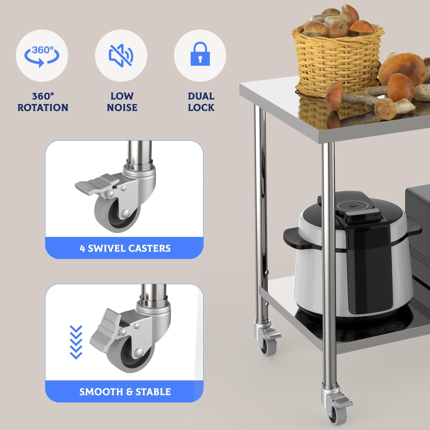 Stainless Steel Table, 60" x 24" Prep Workstation, 1000 LBS, NSF Commercial Work Table with Adjustable Undershelf and Lockable Casters, for Restaurant, Home, Kitchen, Hotel, Outdoor