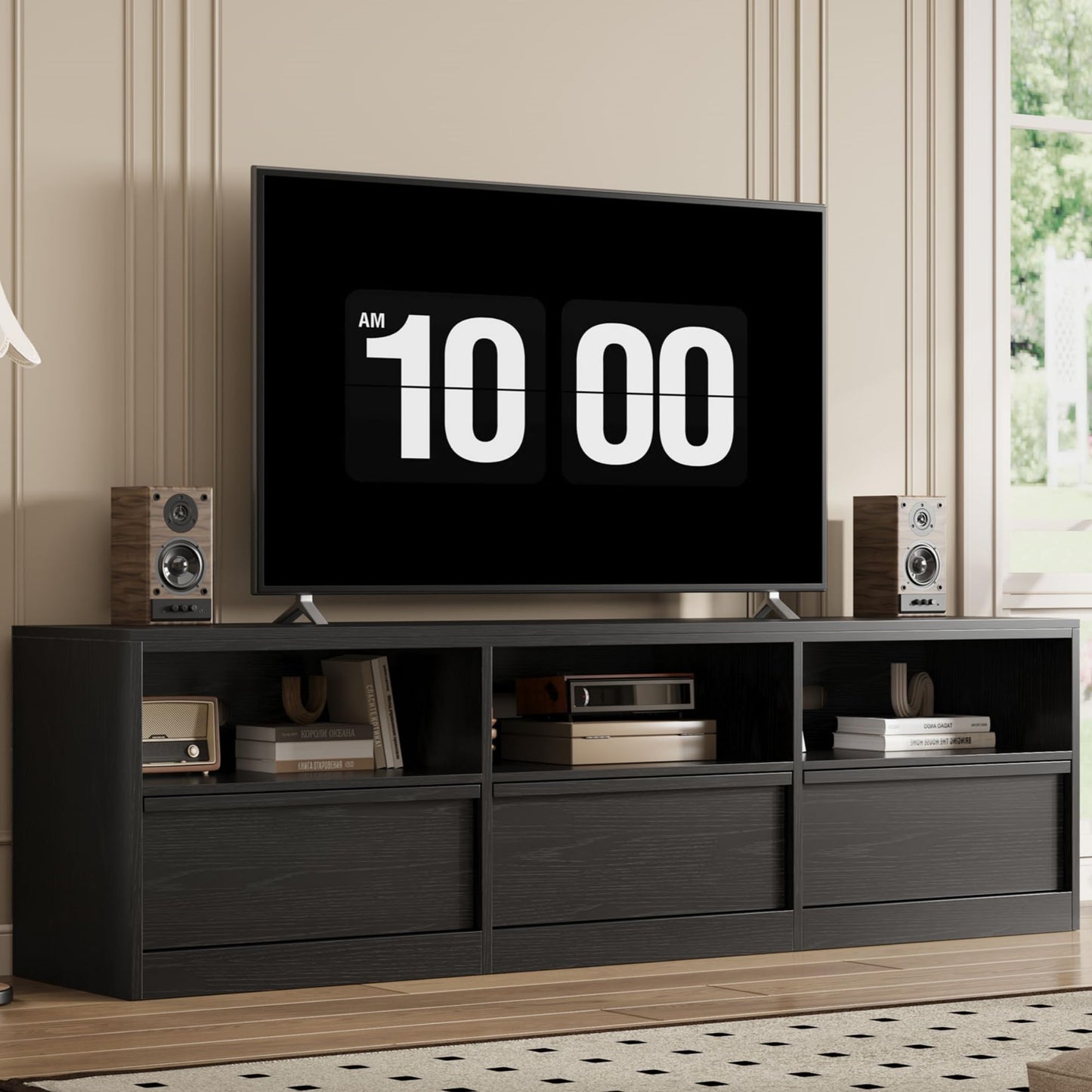 IDEALHOUSE 70" TV Stand for 75 80 Inch TV, Mid-Century Modern Entertainment Center with Storage Drawer & Open Shelves, Wood Media Console Table for Living Room & Bedroom, Black