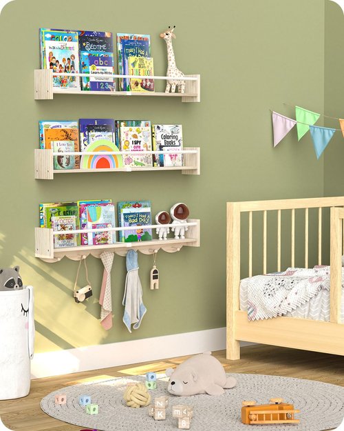 Bidami Nursery Book Shelves 34 inchs, Floating Book Shelves for Wall Nursery, Wall Mount Nursery Shelves Set of 3, Perfect for Living Room, Kids Room, Playroom & Bedroom.
