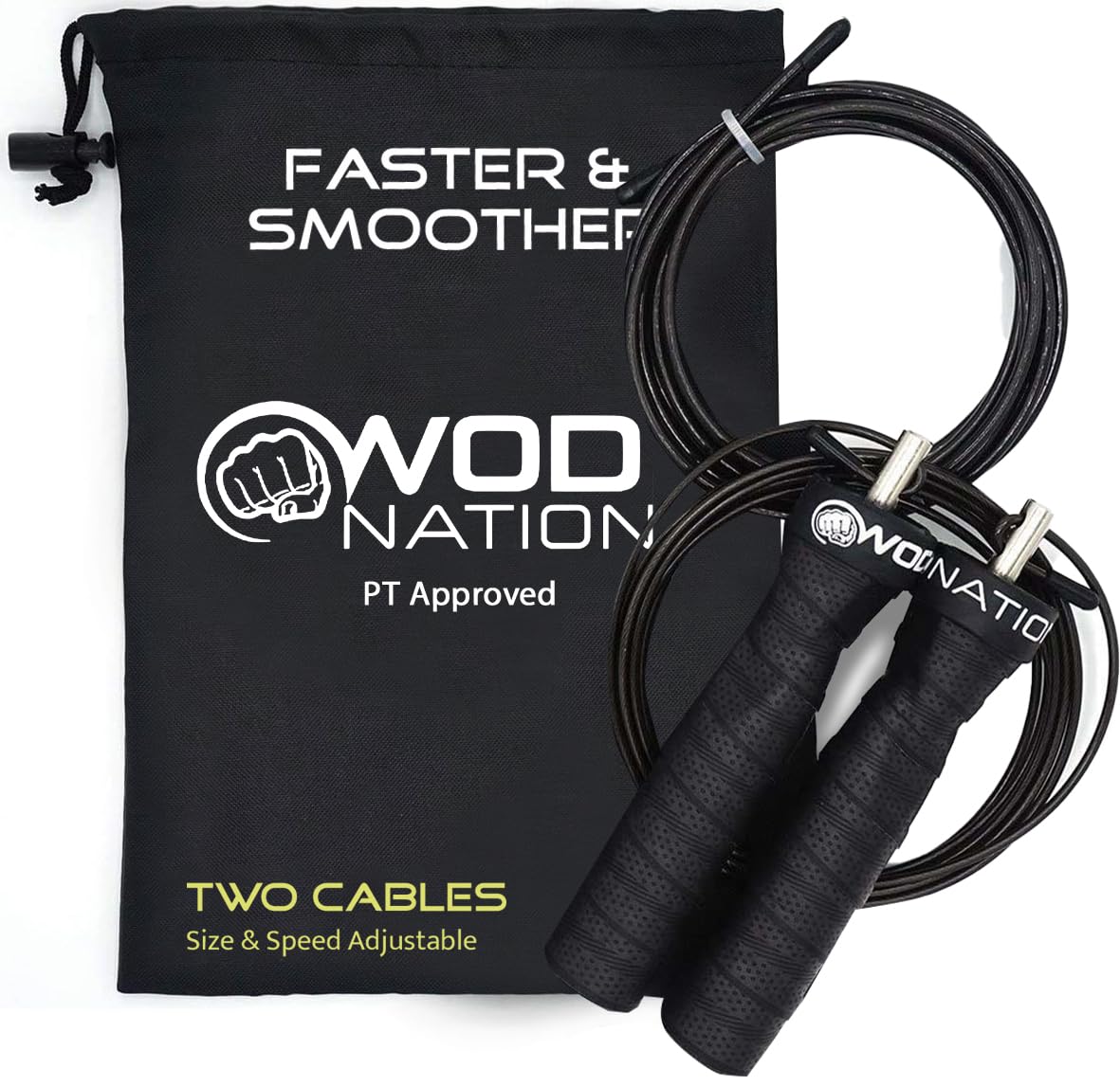WOD Nation Jump Rope - Black Alloy Steel Handles - 11 ft, 2.2 mm & 3.3 mm Cables - Weighted & Speed Cable System for Fitness Skipping Rope Men & Women