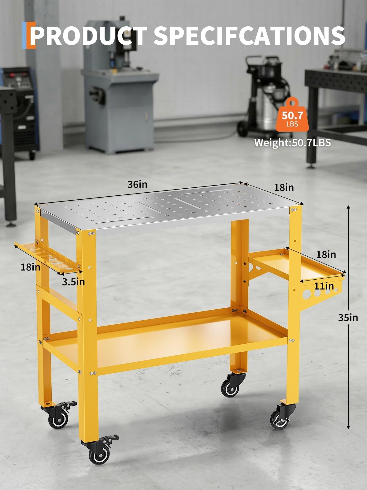 36 x 18 Inch Welding Table, 1200 lbs Capacity Welding Workbench Table with Lockable Wheels,Tool Rack & Tray, Tool Slots and 5/8" Fixture Holes for Garage, Yellow