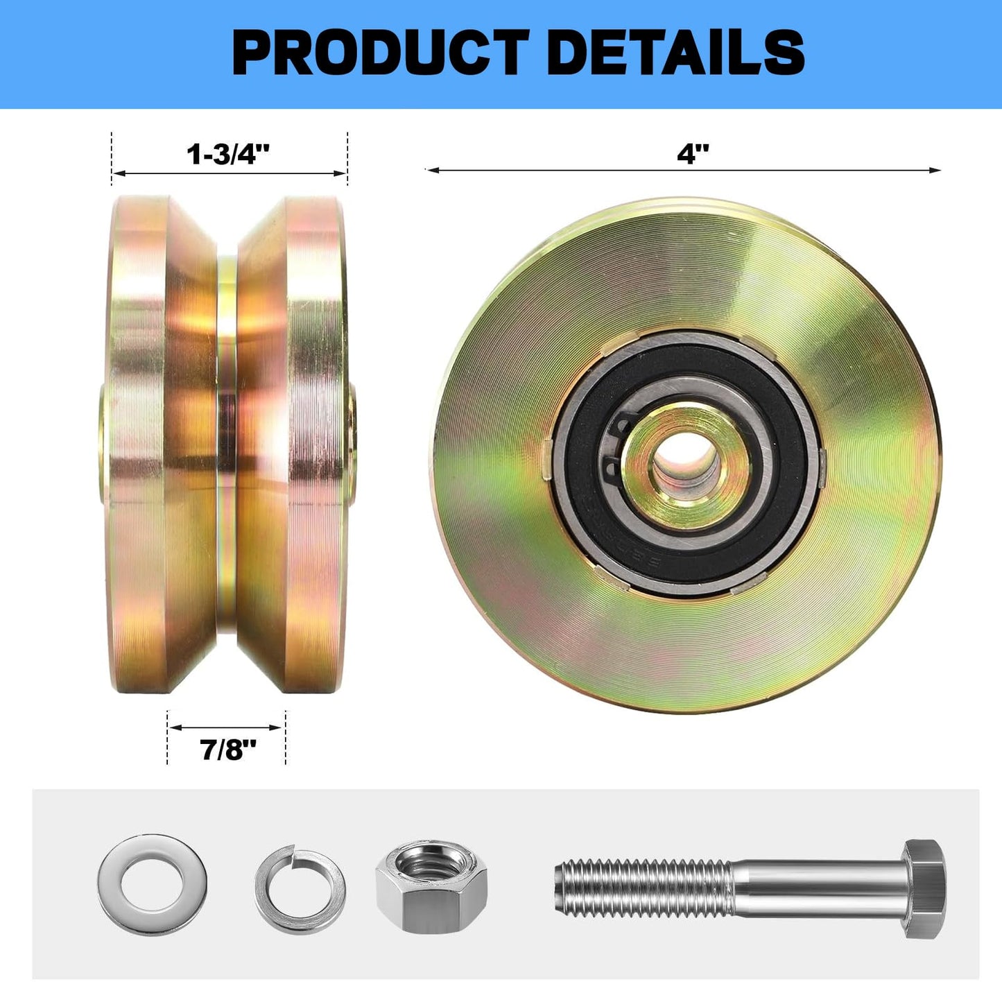 2 pcs 4" Heavy Duty Sliding Gate Rollers Wheels V Groove Slide Wheel, 3300 Lbs Solid 1-3/4" Width Rolling Gate Wheels with Screw & Double Bearings for Industrial Machines Rail