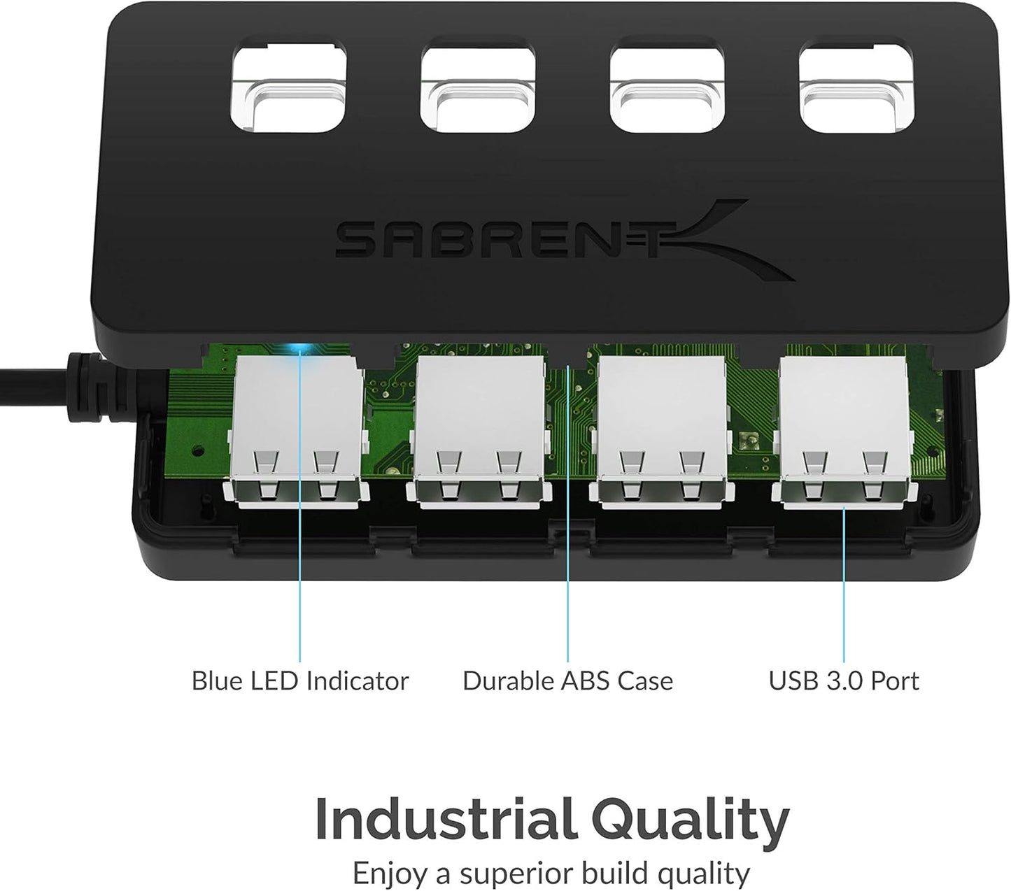 SABRENT 4-Port 3.0 2 (HB-UM43) USB Hub with Individual LED Power Switches - Slim, Portable Design - Ft Cable - Fast