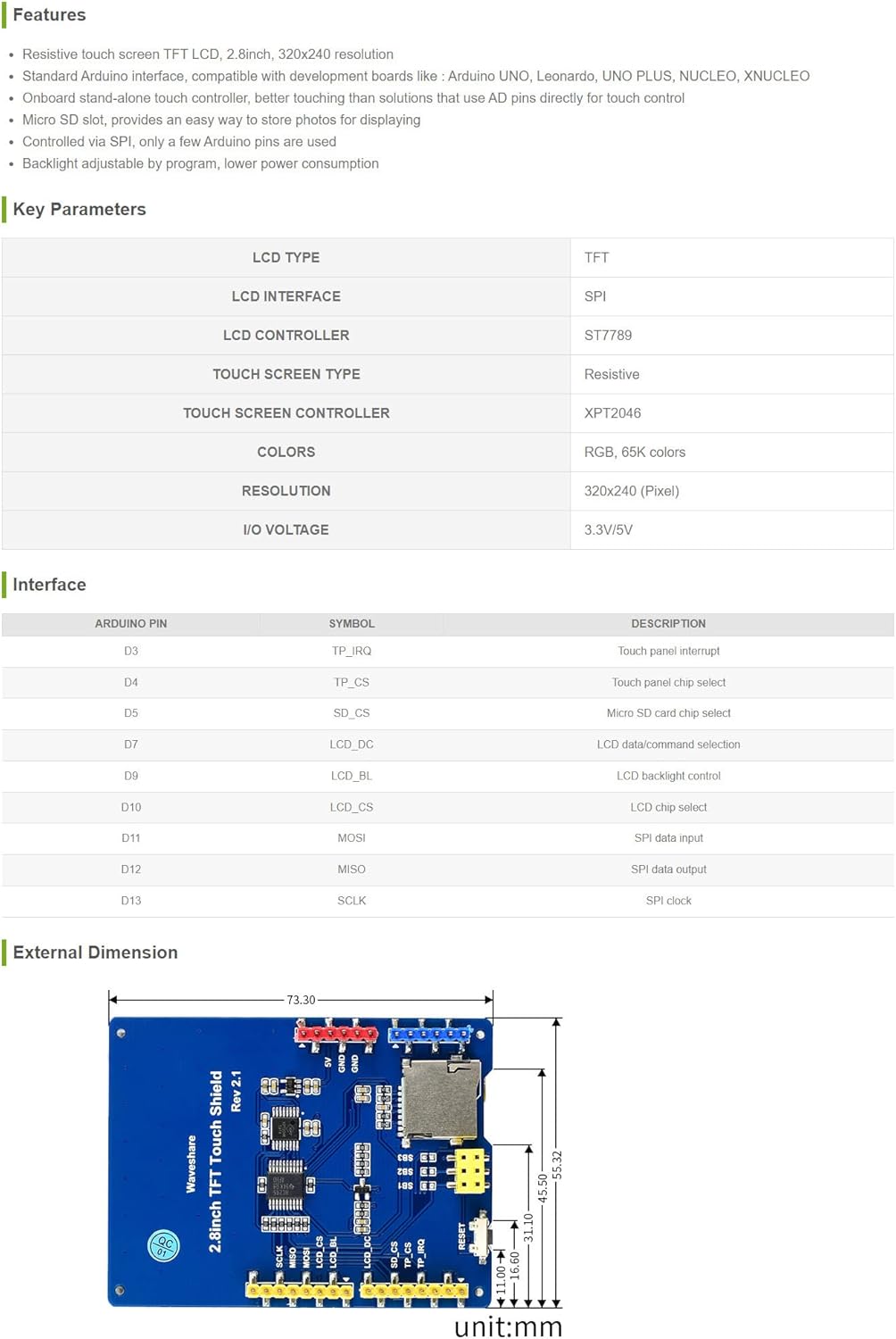 waveshare 2.8 inch 320240 TFT Resistive Touch LCD Shield Resolution Display Screen Module
