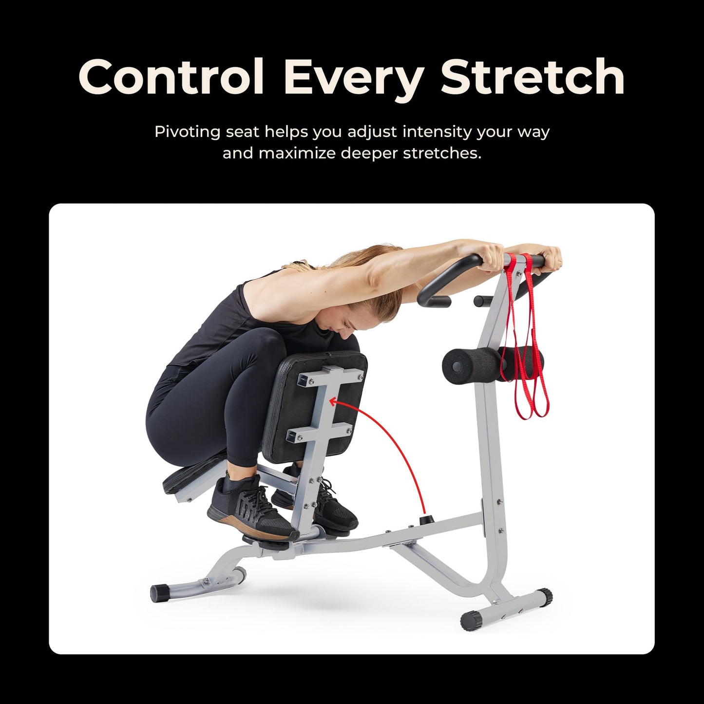 Sunny Health & Fitness Full Body Stretch Machine for Home, Back Stretcher & Flexibility Trainer with Pivoting Seat, Foam Rollers, Safety Straps & SunnyFit App - SF-BH621802
