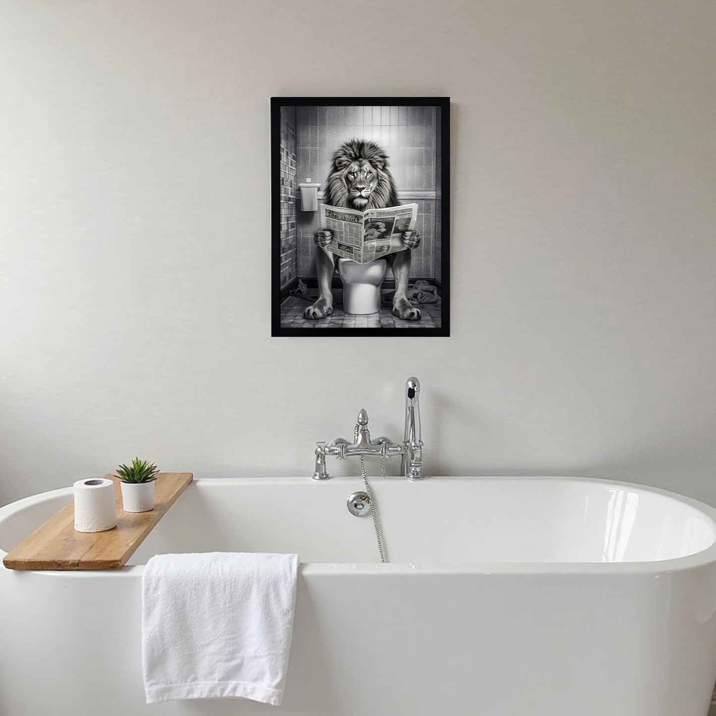 URMOYA Majesty Lion Bathroom Wall Art - Funny Black and White Canvas Decor | 12x16 Inch Framed Print