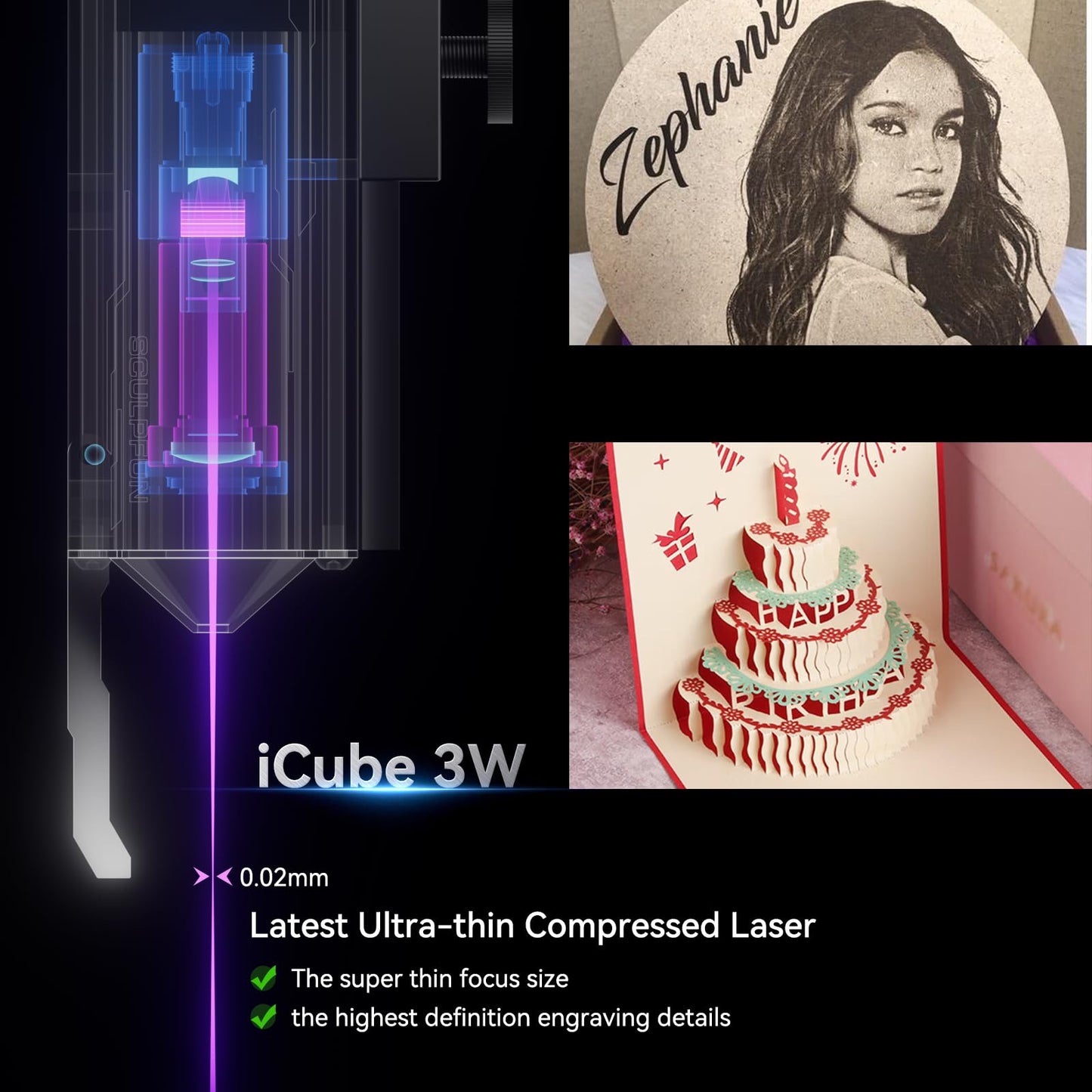 SCULPFUN iCube 3W Mini Laser Engraver, Laser Engraving Machine with 0.02mm Ultra Fine Laser Spot, 10,000mm/min High Speed Engraving, CNC Machine with Smoke Filter and Temperature Alarm, 130 * 130mm