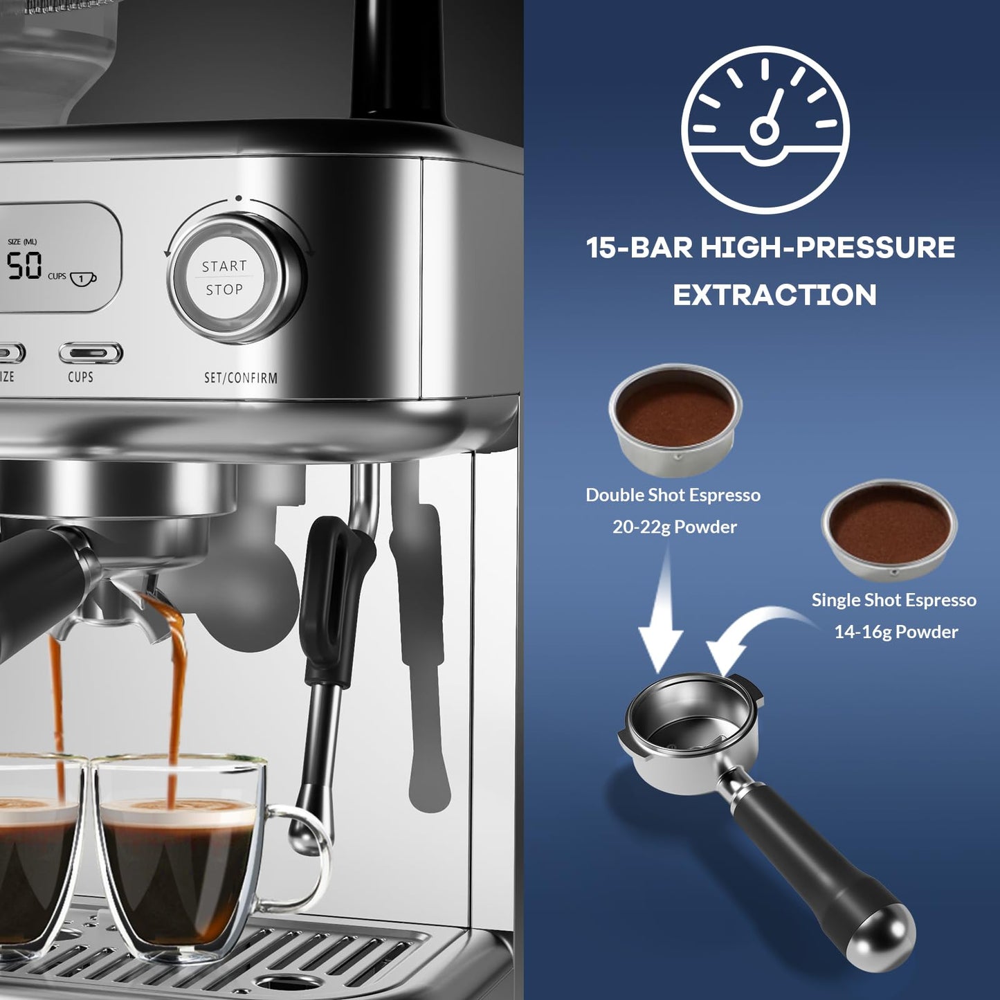 Espresso Machine with Grinder, Professional 15 Bar Espresso Maker, Cappuccino Coffee Machine with LCD Display, Steam Milk Frother, PID Temperature Control for Cappuccino, Latte - 78 Oz Water Tank