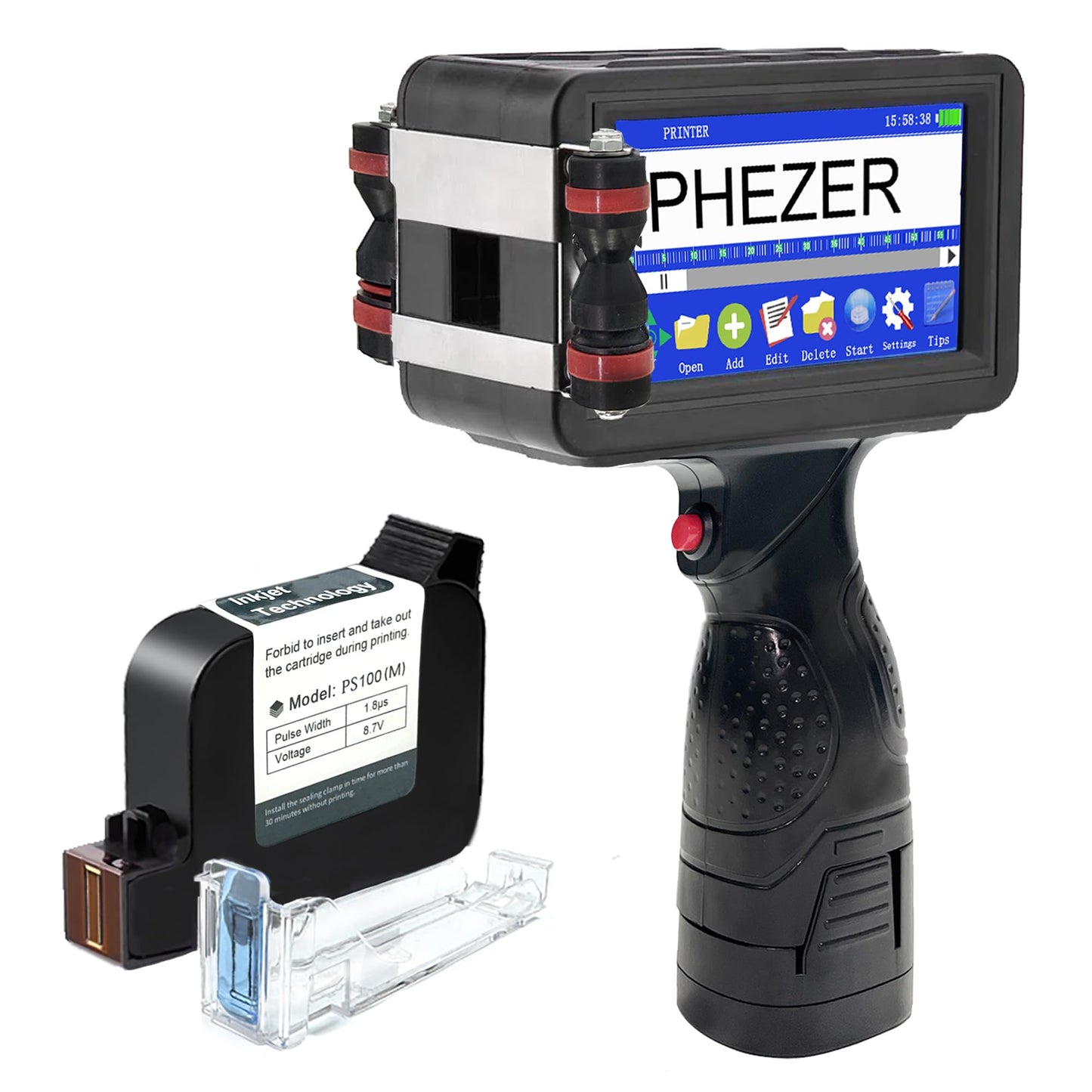 Phezer Handheld Inkjet Printer P16 with Adjustable Holder Stand for Automatic Print, with Solvent 0.5 Inch Nozzle Ink Cartridge, for QRCode Barcode Production Date Time Logo Batch Number Print