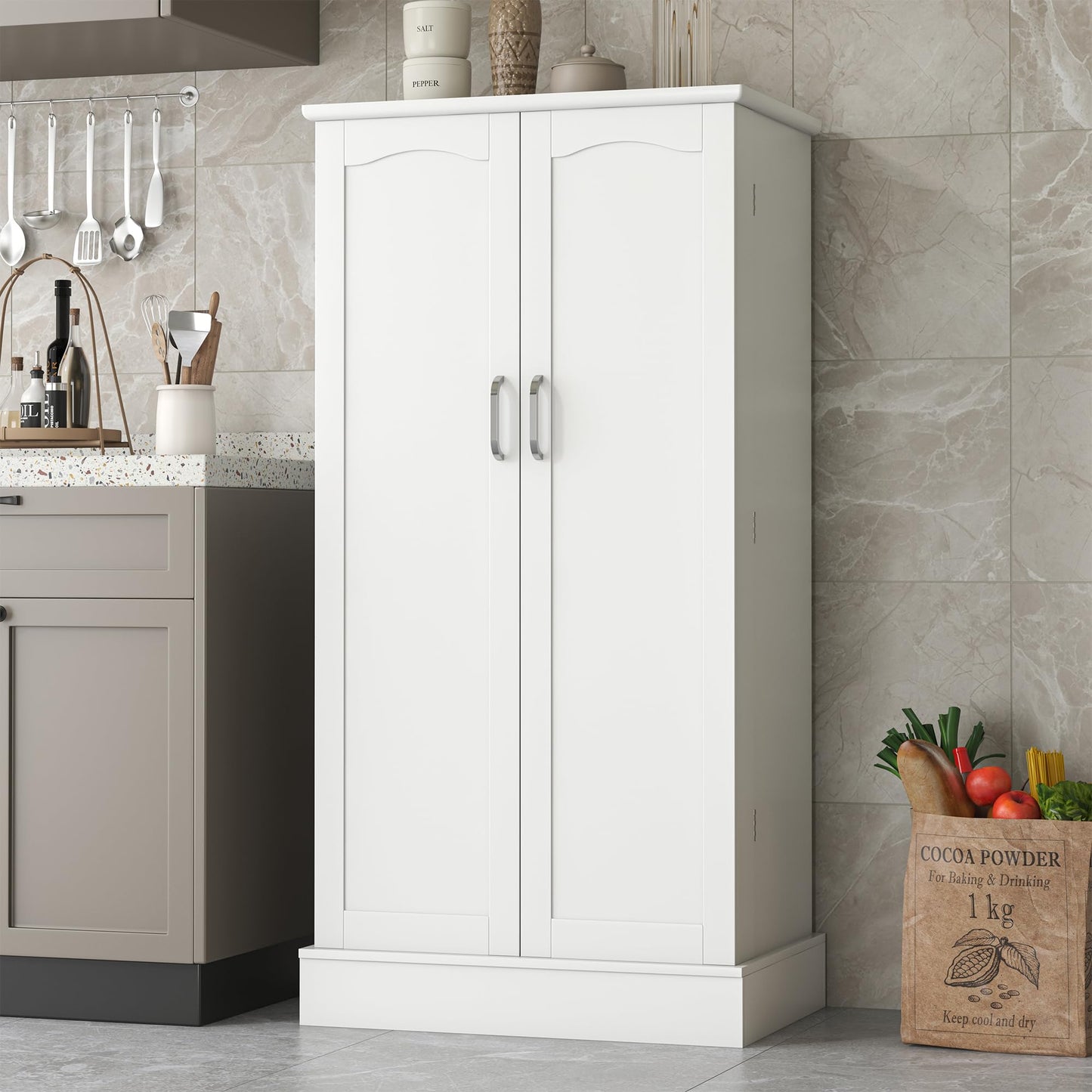 kepptory 47” Pantry Cabinet, Kitchen Pantry Storage Cabinet with Doors and Adjustable Shelves,Freestanding Buffet Cupboards Sideboard for Living Room and Dinning Room (White)