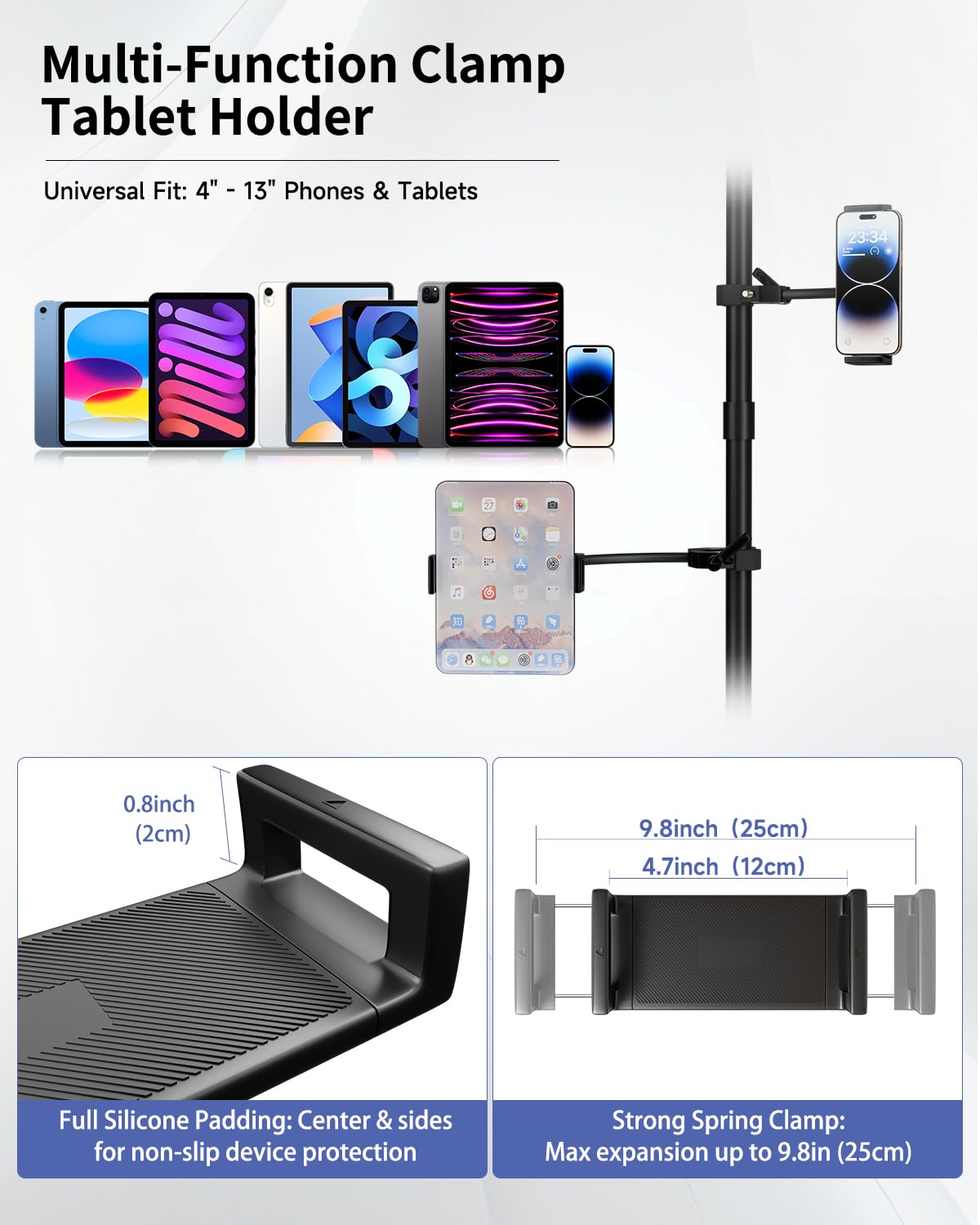 Gooseneck iPad Holder, 360° Adjustable iPad Holder for Treadmill with Super Strong Clamp, Tablet Mount for Stroller, Gym Bicycle, Spin Bike, Wheelchair, Mic Stand, Compatible with 4.7-13" Devices