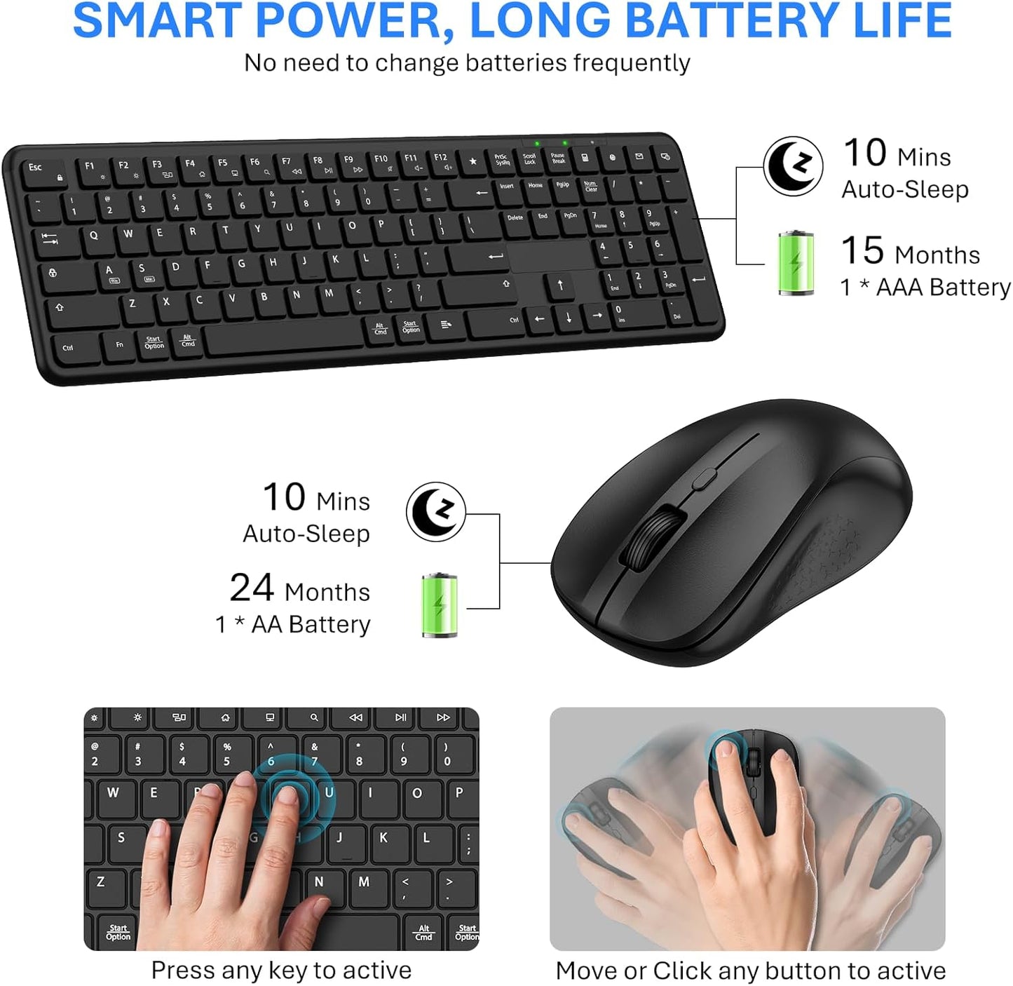 EAYBLLY 2.4G Set Wireless Keyboard and Mouse Combo, Full-Size Silent Ergonomic Keyboard and Mouse, Sleep Mode, Long