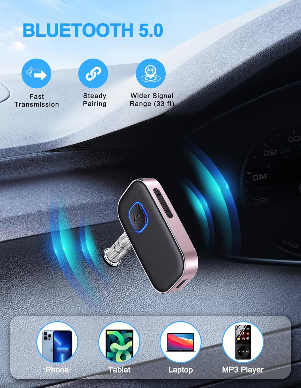 COMSOON 16H Bluetooth AUX Adapter for Car, Noise Reduction Bluetooth Receiver for Music/Hands-Free Calls, Wireless