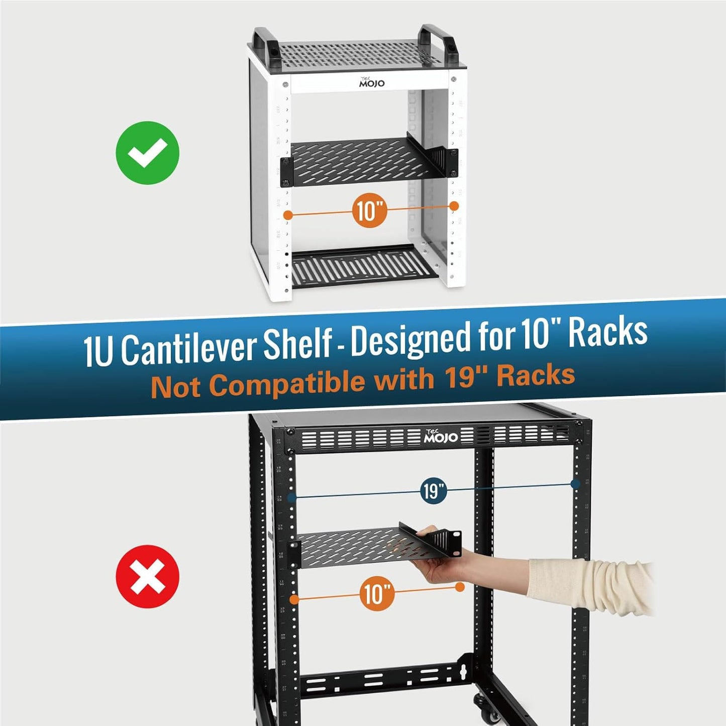 Tecmojo 1U 10" 10.23" Rack Mount Shelf for Server Rack, Deep Vented Cantilever Tray, Metal Shelf for Network Cabinet