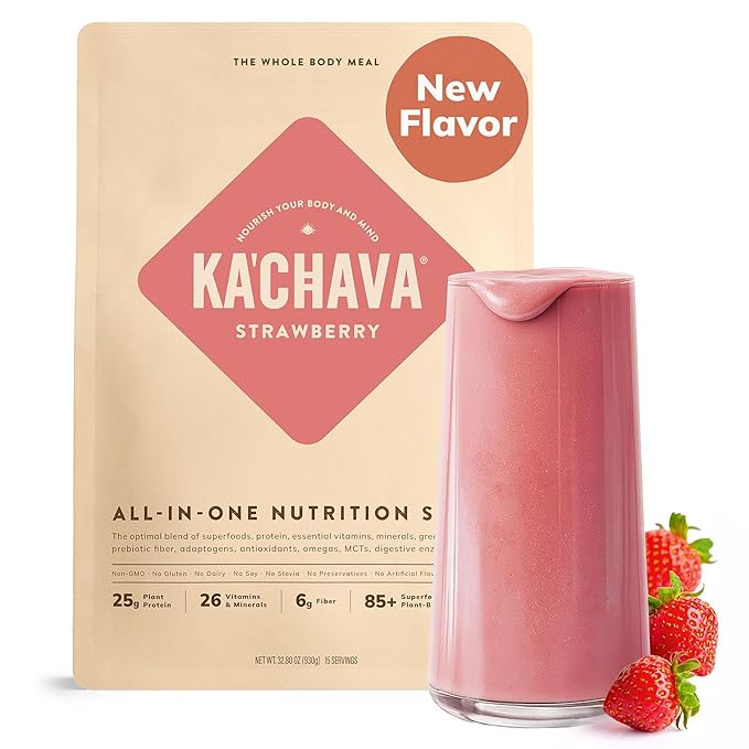 Ka?™Chava All-In-One Nutrition Shake Blend, Strawberry, 15 Servings, 85+ Superfoods & Nutrients, Greens Plant-Based Powder Protein Drink, Digestive Enzymes & Probiotics, Vegan Dairy Gluten Free