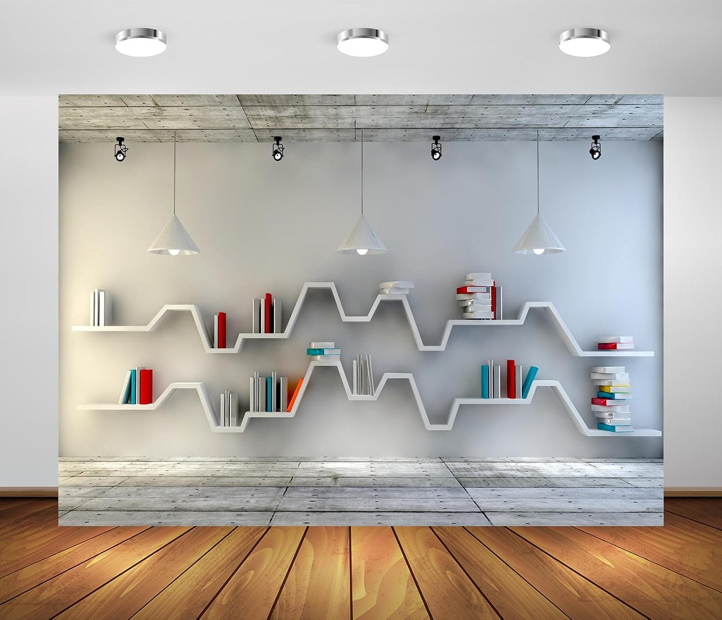 BELECO 8x6ft Fabric Living Room Backdrop for Video Conference, Modern Bookshelf with Books, Wooden Floor, Empty Room