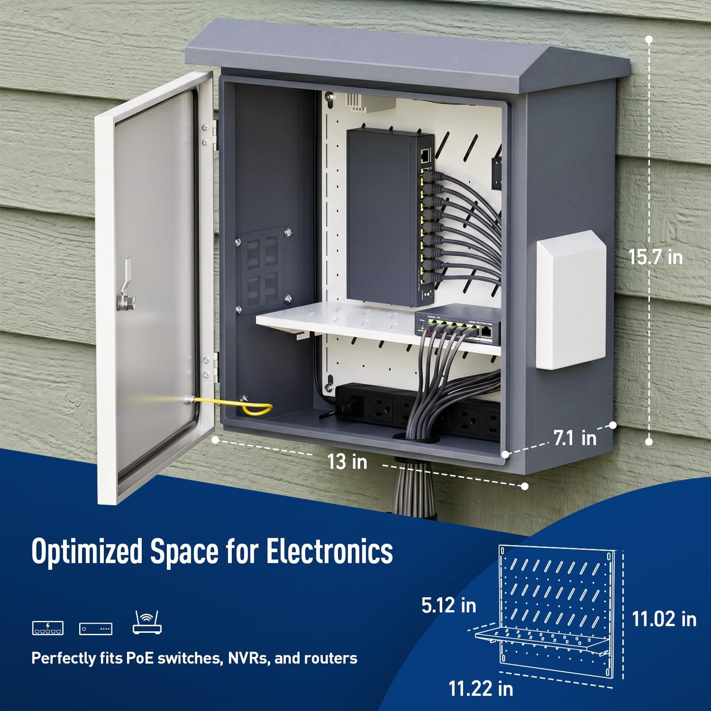 Outdoor Electrical Box with Thermostat and Fan, Heavy Duty Lockable Weatherproof Junction Enclosure for Network, Security Camera and Solar Equipment, Vented IP65 Cabinet with Wall and Pole Mount