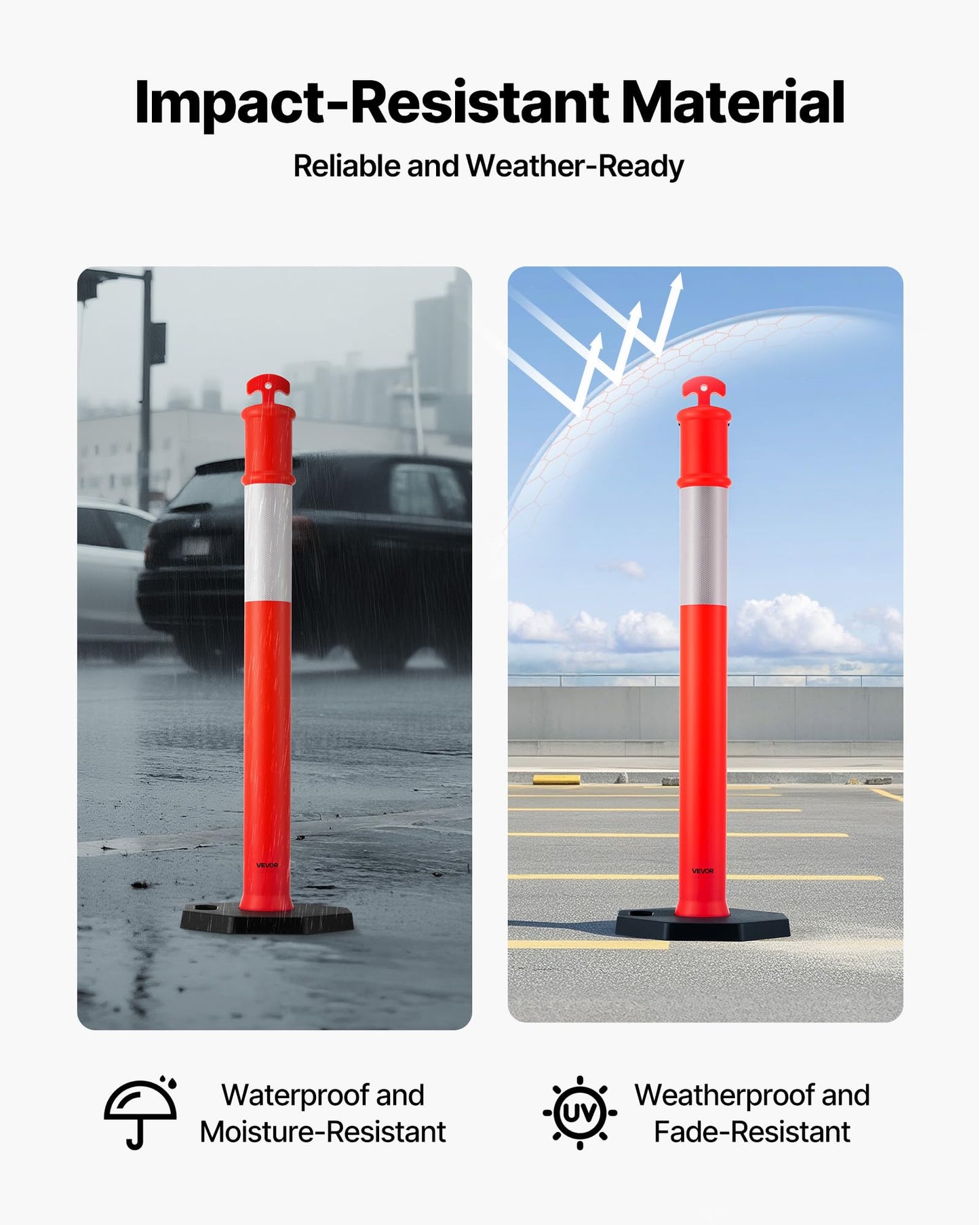 VEVOR 6 Pack Traffic Delineator Posts, 45 inches Traffic Safety Cones with Weighted Base and Reflective Strips, Heavy Duty Delineator Posts for Construction Site, Parking Lot, Crowd Control, Red