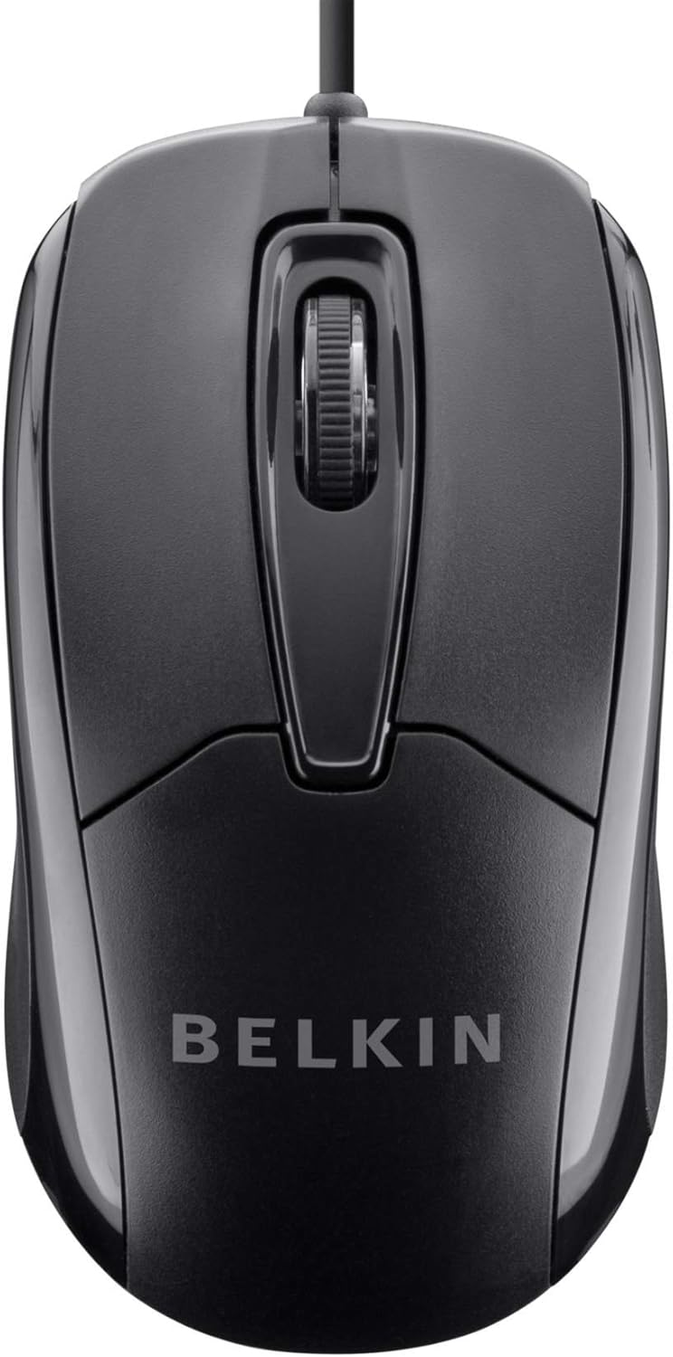 Belkin 3-Button 5-Foot Wired USB Optical Mouse with Cord, Compatible with PCs, Macs, Desktops and Laptops