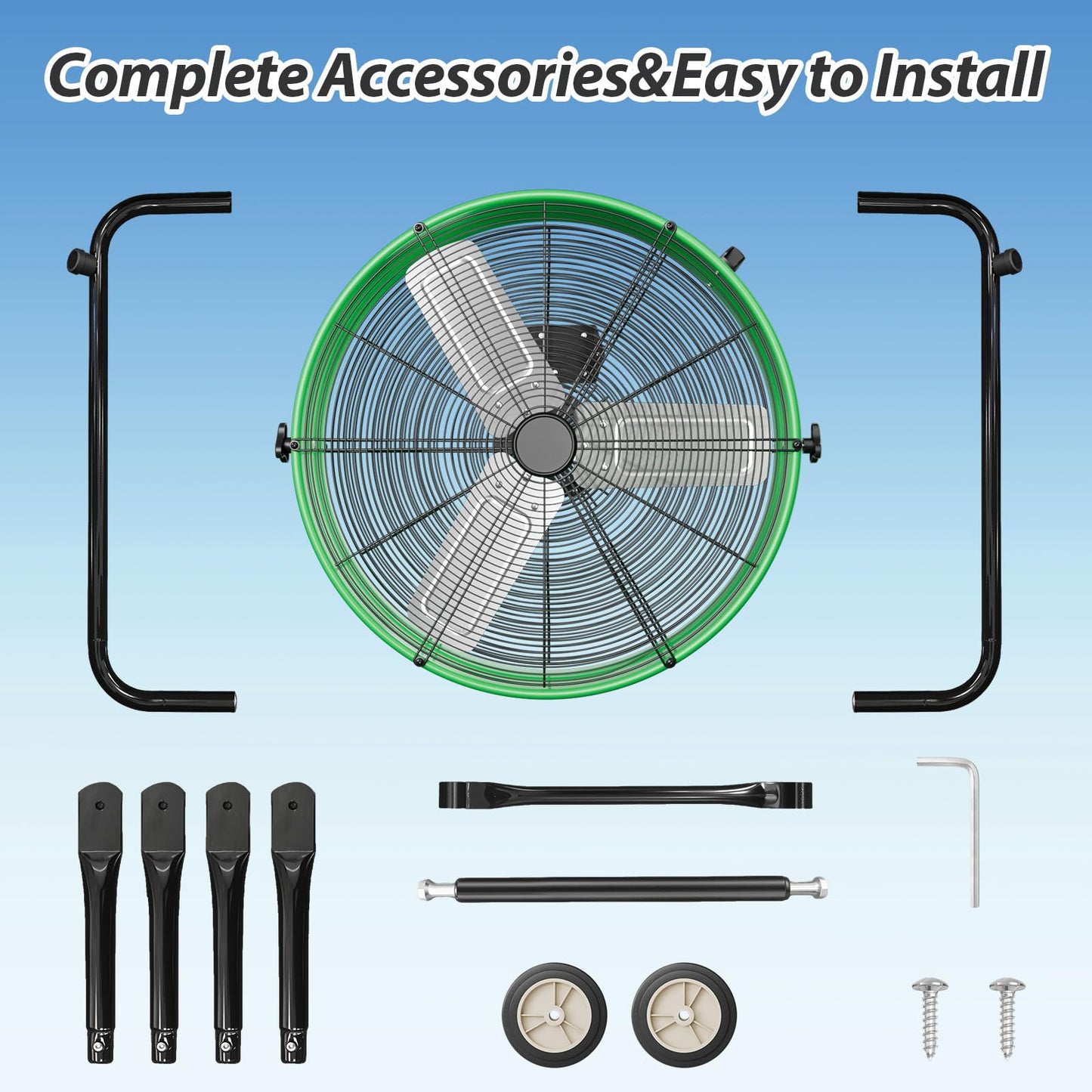 LifePlus 24 Inch Industrial Drum Fan, 320W High Velocity Floor Fan, 3 Speed Heavy Duty Metal Air Circulator, 360° Tilt with Casters Handle ETL Standard for Patios, Warehouse, Commercial, 8900CFM