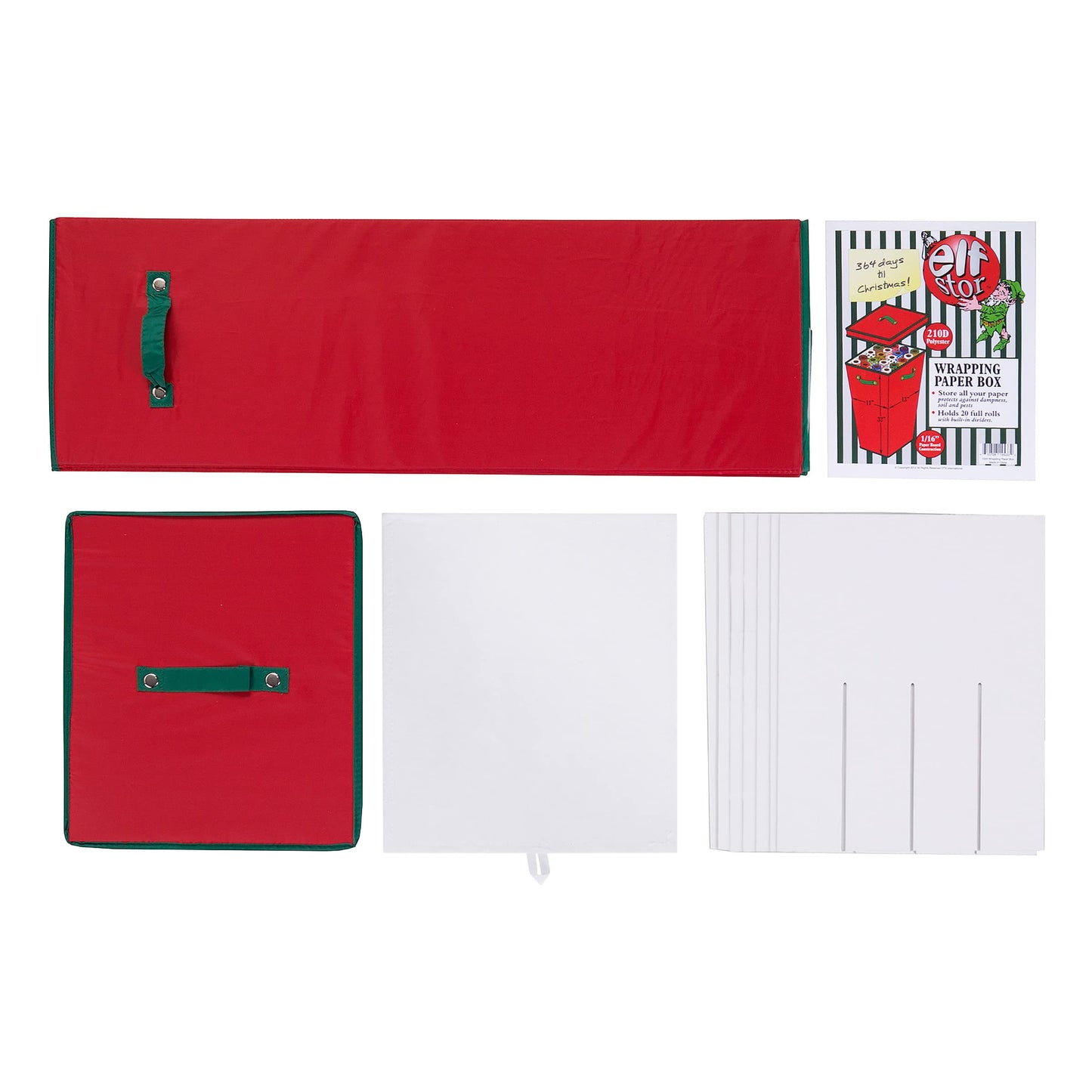 Wrapping Paper Storage Box- Holds 20 Rolls of 30” Gift Wrap-Upright Container with Lid, Dividers & Handles-Christmas & Birthday Wrap by Elf Stor (Red)