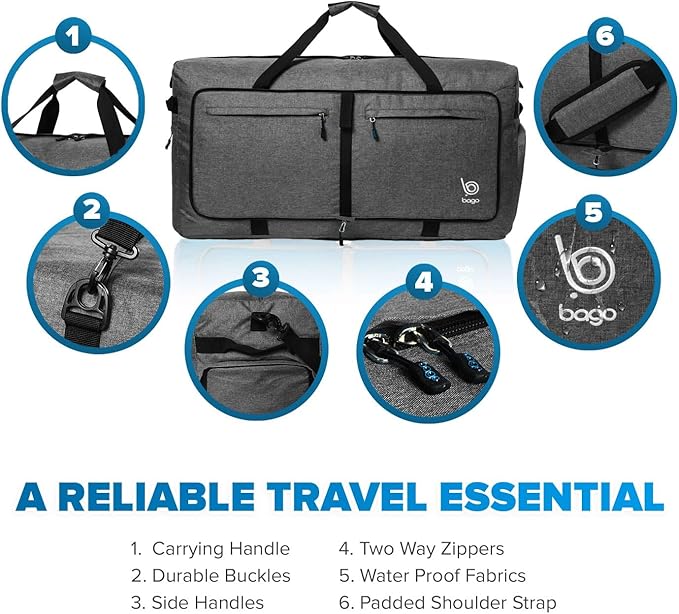Bago Large Foldable Duffel Bags for Traveling Women & Men - 120L Packable Duffle Bag for Travel with Shoe Compartment - Water Repellant, Heavy Duty, Lightweight Folding & Collapsible (SnowBlack)