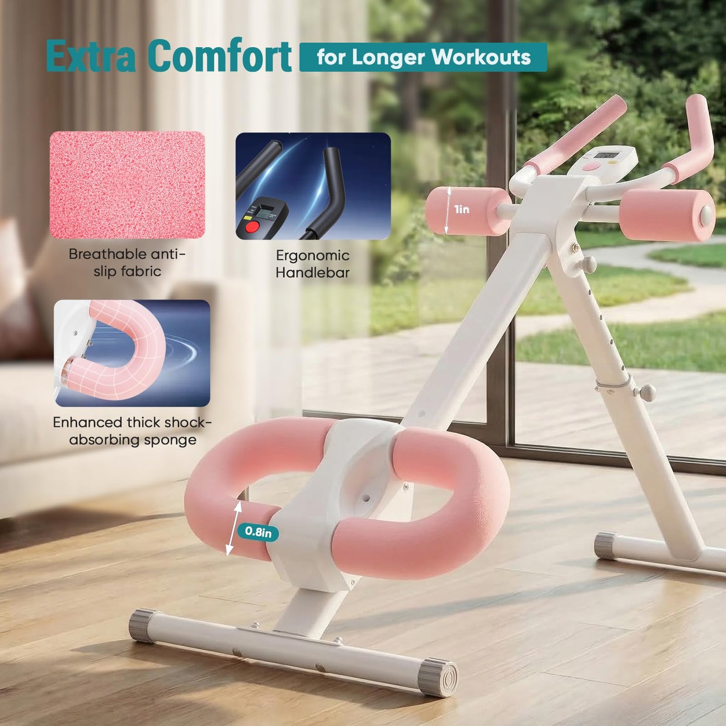 OLIXIS Ab Machine, Ab Workout Equipment for Home Gym, Adjustable Abdominal Trainer for Stomach Workout, Foldable Core Strength Exercise Machine with 440LBS, LCD Display, Knee Protection, White Pink