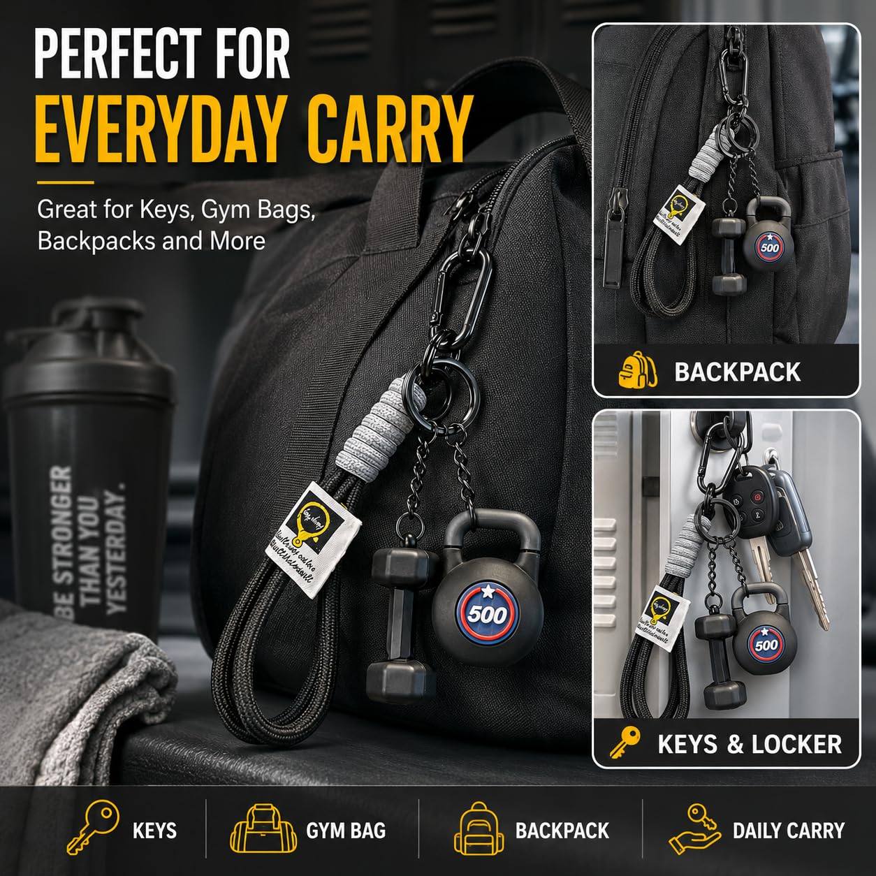 Exodmx Fitness Dumbbell & Kettlebell Keychain - Cute Mini Charm for Gym Lovers, Car/Bag/Purse Accessory (Gift for Men & Women)-black