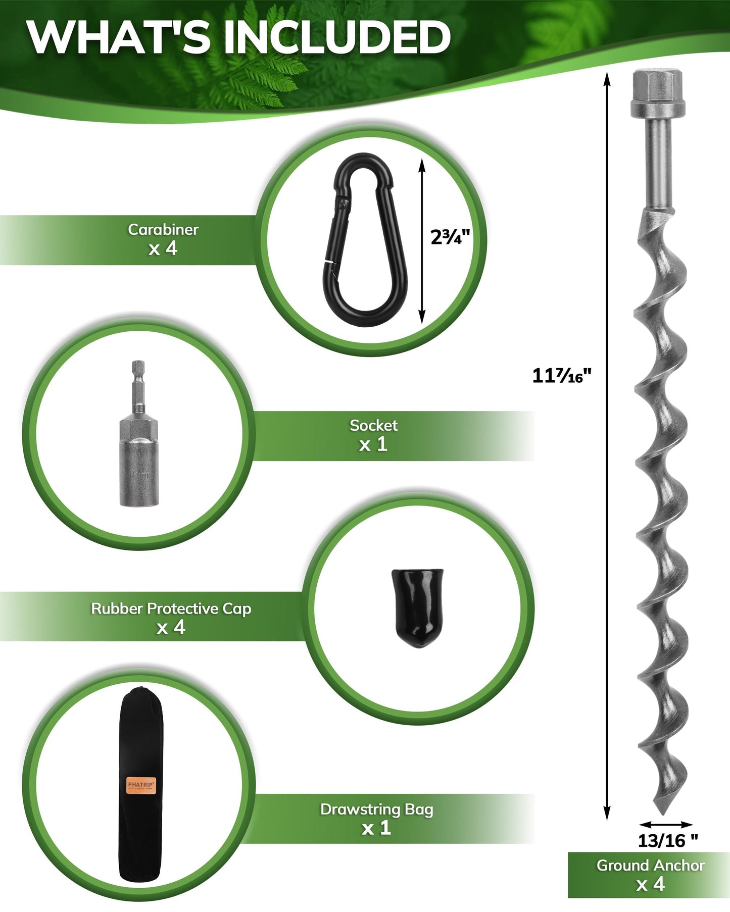 11.5" Ground Anchors Screw-in, 4-Pack Heavy Duty Tent Stakes with Carabiners and Power Nut Driver Drill Bit, Steel Earth Anchors for Camping Tents, Swing Sets, Securing Animals, Sheds and Trampolines