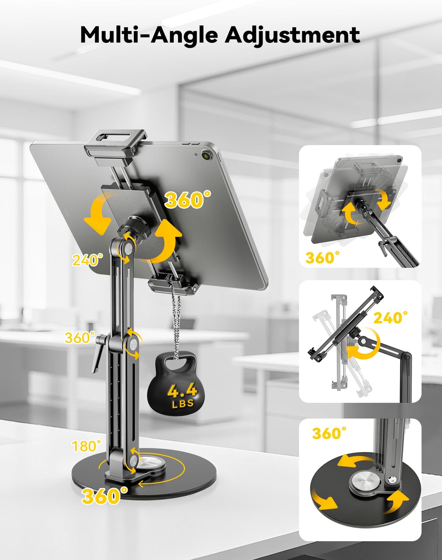 Portable Monitor Stand Large Clamp - Heavy Duty Aluminum Body supports up to 4.4 lbs 16" 17.3" 18.5 inch 360° Rotating Base Swivel Foldable Desk Stand for iPad Holder Tablet Mount for Kitchen/Travel