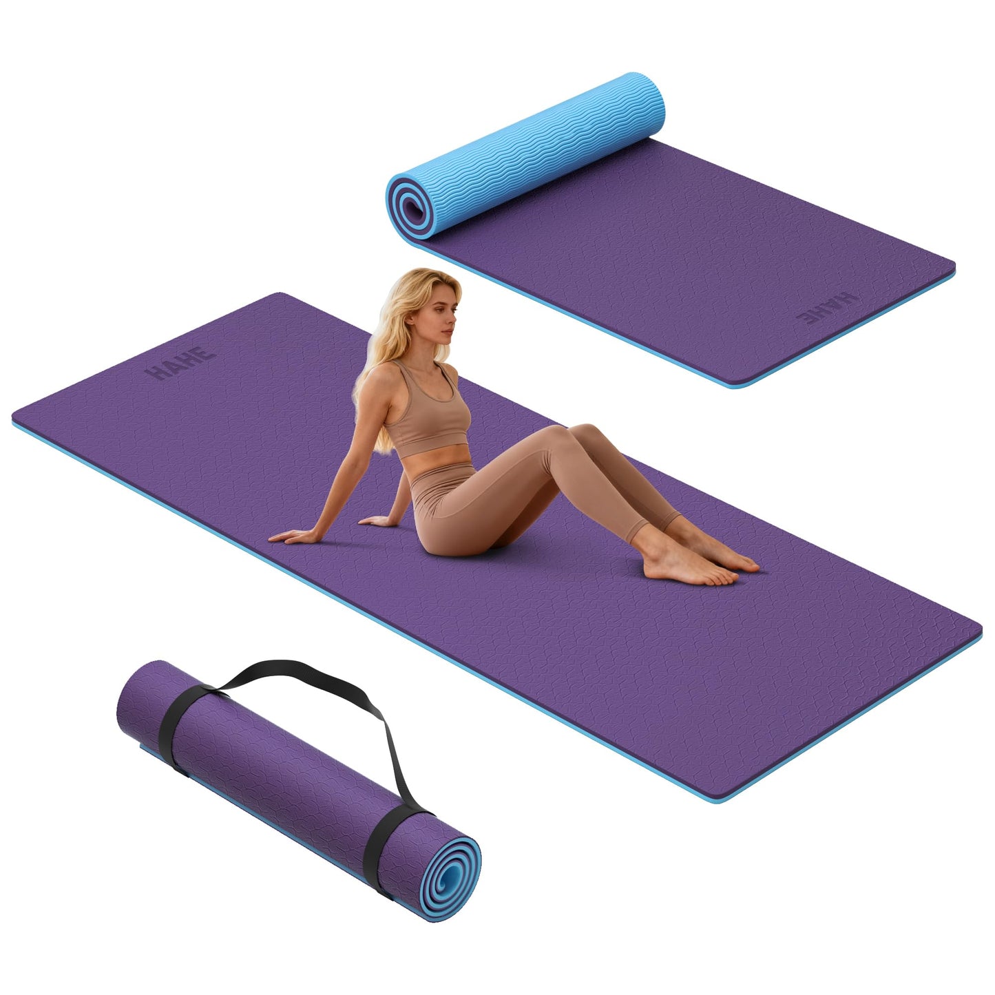 HAHE Extra Thick Yoga Mat, 72"Lx32"Wx0.4"Th (10mm), Wide Non-slip Exercise Mats with Carry Strap, Double-Sided POE Fitness Mat for Yoga, Pilates & Floor Workouts (Purple+Sky Blue)