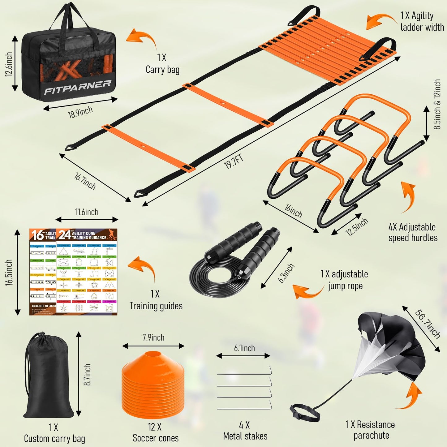 Agility Ladder, Soccer Football Training Equipment Set - 20ft Speed Ladder, 4 Hurdles,Parachute, 12 Cones & Jump Rope | Agility & Speed Training for Kids Youth Adults,Basketball & Football Accessories