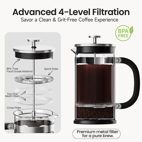 BAYKA French Press Coffee Maker - 34oz Cold Brew & Iced Coffee Pot | Durable Borosilicate Glass, Silver